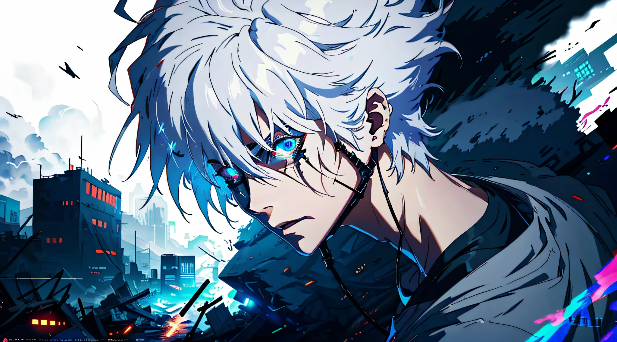 Anime humanoid monster, character design,wearing a futuristic mouth mask, serious face,boy,maniac,deranged look,messy unkept hair,hair covering right eye, vibrant eye color,red and blue eyes,(white hair), close up shot, creating a crack in reality, powerful aura, destroyed city, very dark,night,8k,64k, HD, unparalleled masterpiece, dynamic lighting, cinematic, epic Highest quality digital art, Stunning art, wallpaper 4k