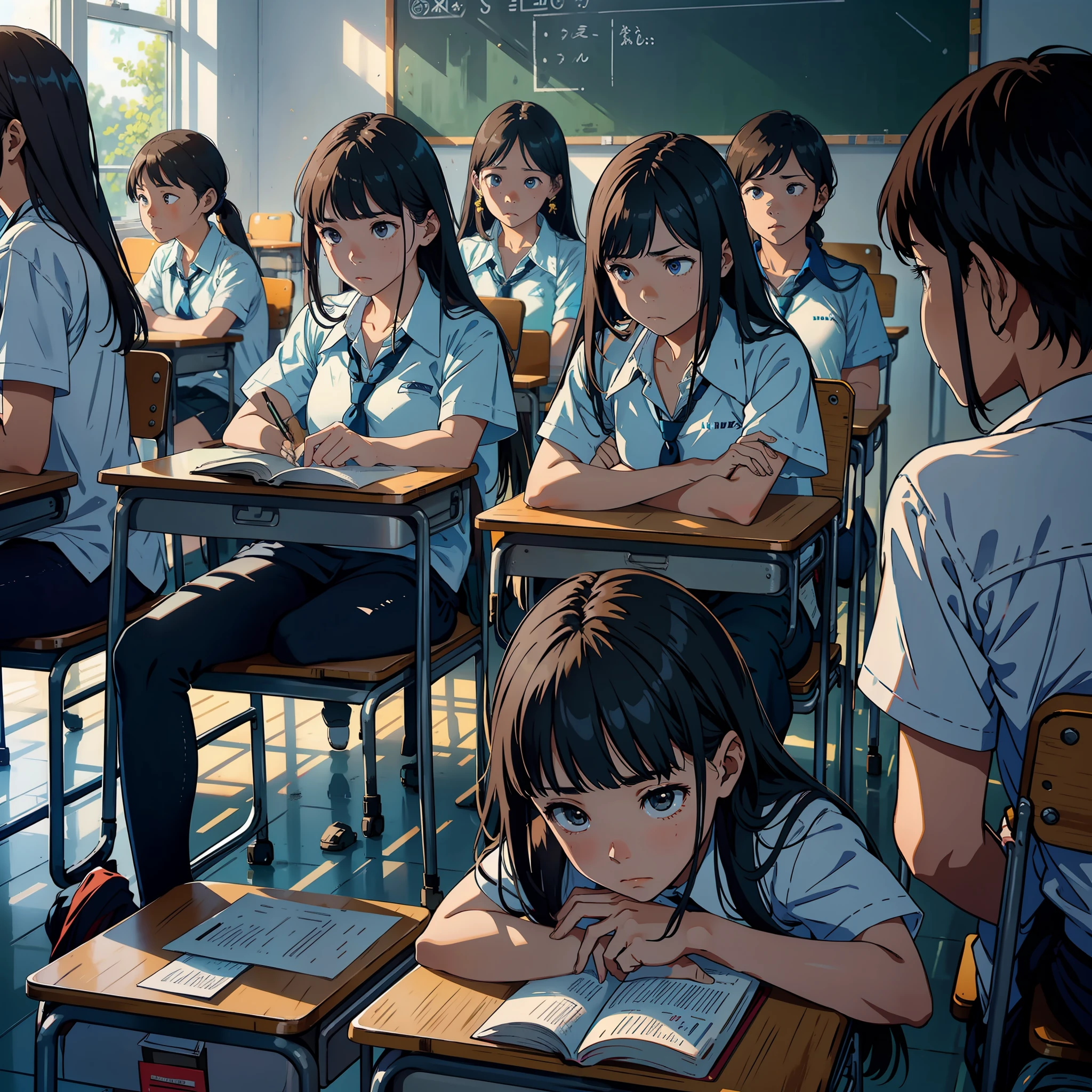 In the classroom sat a group of students in class, their expressions full of sadness