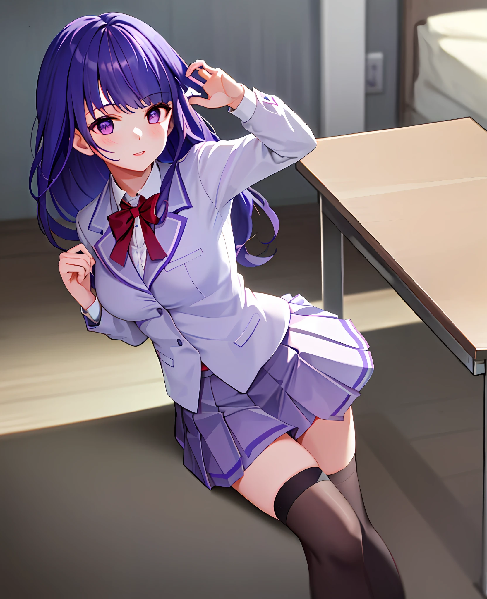 masterpiece, best quality, 1girl, solo, raiden_genshin, school uniform, white shirt, purple skirt, tie