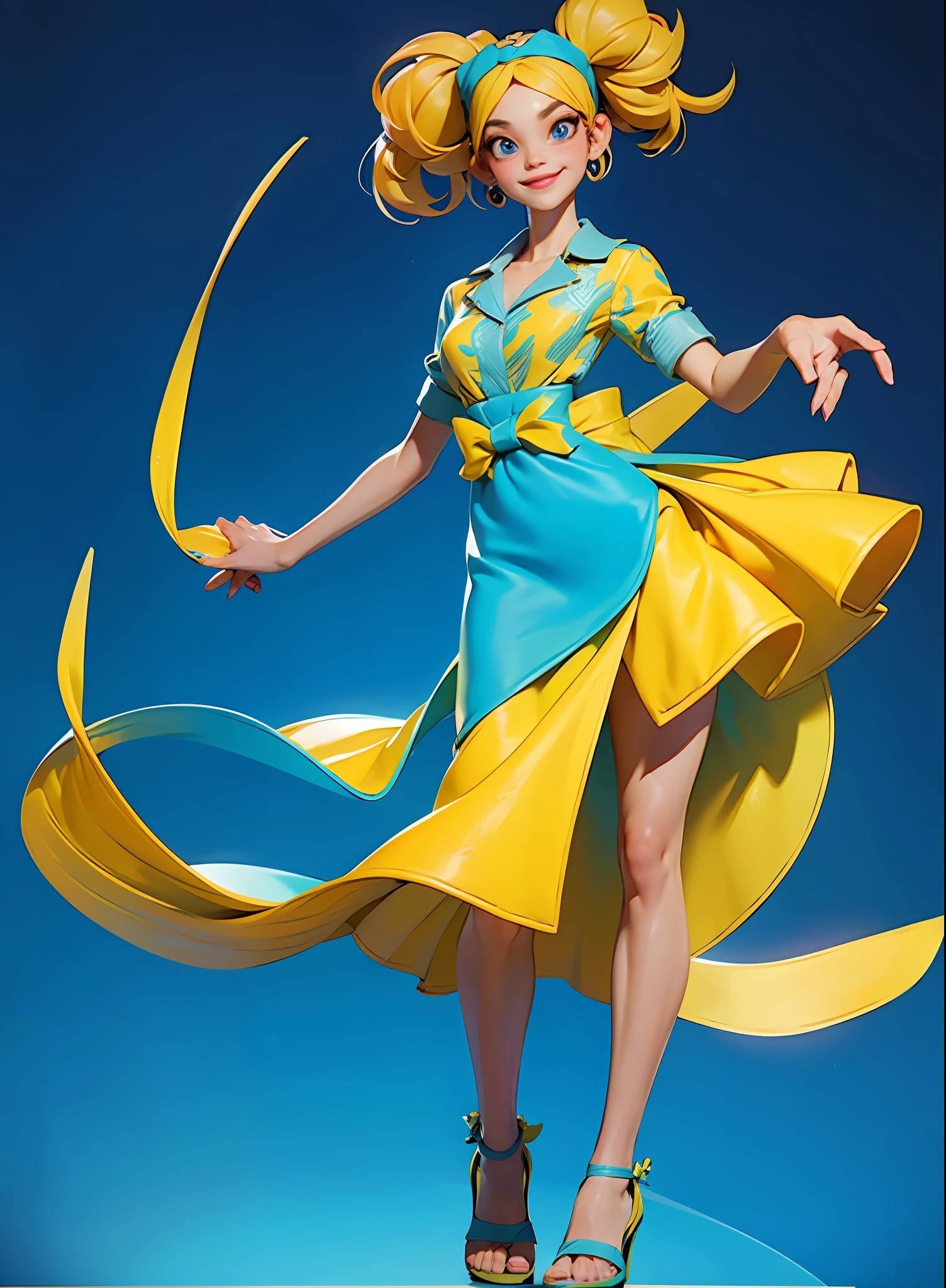 summer, woman, (masterpiece, pretty people, tainted smile), virtual youtube, detailed skin texture, detailed cloth texture, beautifully detailed face, masterpiece, collarbone, 3DMM style, (masterpiece, best quality), intricate details, 1 girl, solo, bea \ (Pokemon \), bow headband, printed shirt, tied shirt, printed skirt, sandals, look at the audience, full body picture, full body image, full body, bright clothes, lemon yellow, bright blue, high saturation