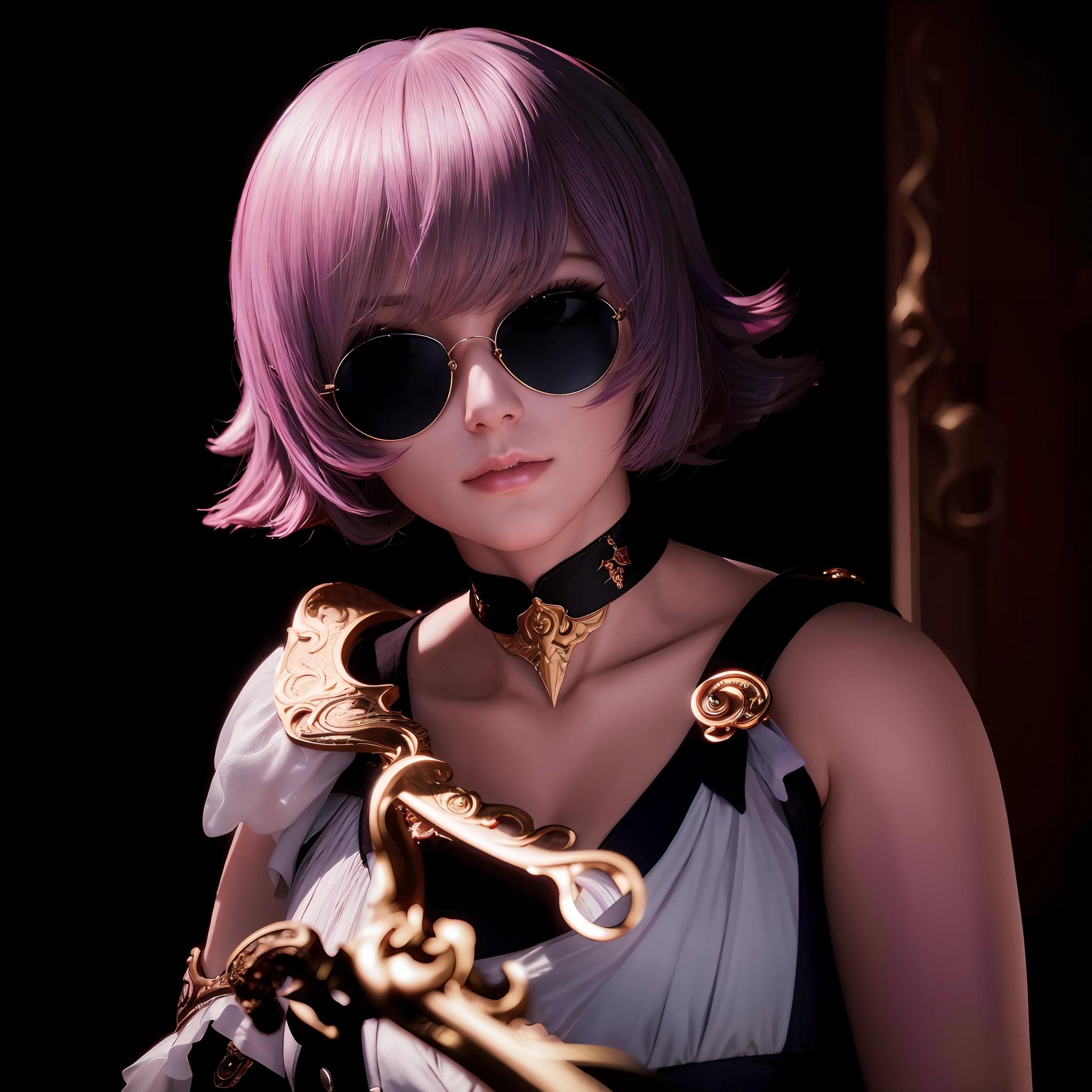 arafed woman with purple hair and sunglasses holding a sword, 8k portrait render, 8k octae render photo, 2 b, 2b, 3 d render character art 8 k, captured on canon eos r 6, 8 k cg render, photorealistic anime girl render, cinematic bust shot, epic and classy portrait, render of april, 8 k sensual lighting