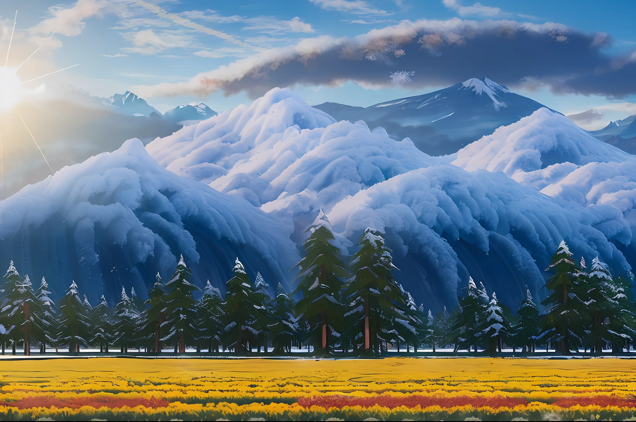 Snowapocalypse creates a high-resolution artwork landscape artwork with mountains, snow-capped mountains in the background, and a lush snowy chrysanthemum field in the foreground, which is a snowy cloud that sparkles in the sun. Photo shoot, very real, incredible quality, trends on artstation, masterpiece, 8k, snowfall, falling, sun on the clouds