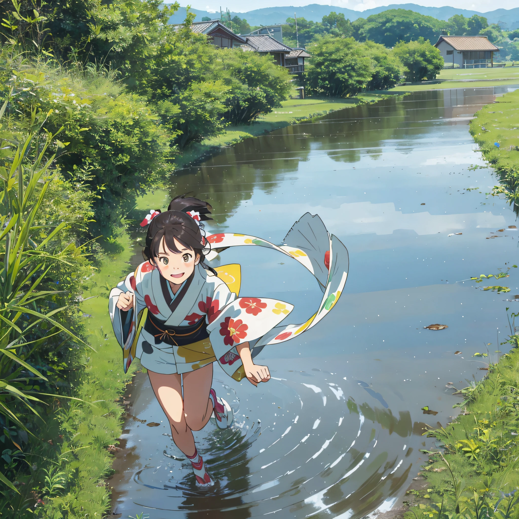 A happy looking girl in a kimono riding a big calico cat running through the grassland. Jump over puddles, ground threaded angle