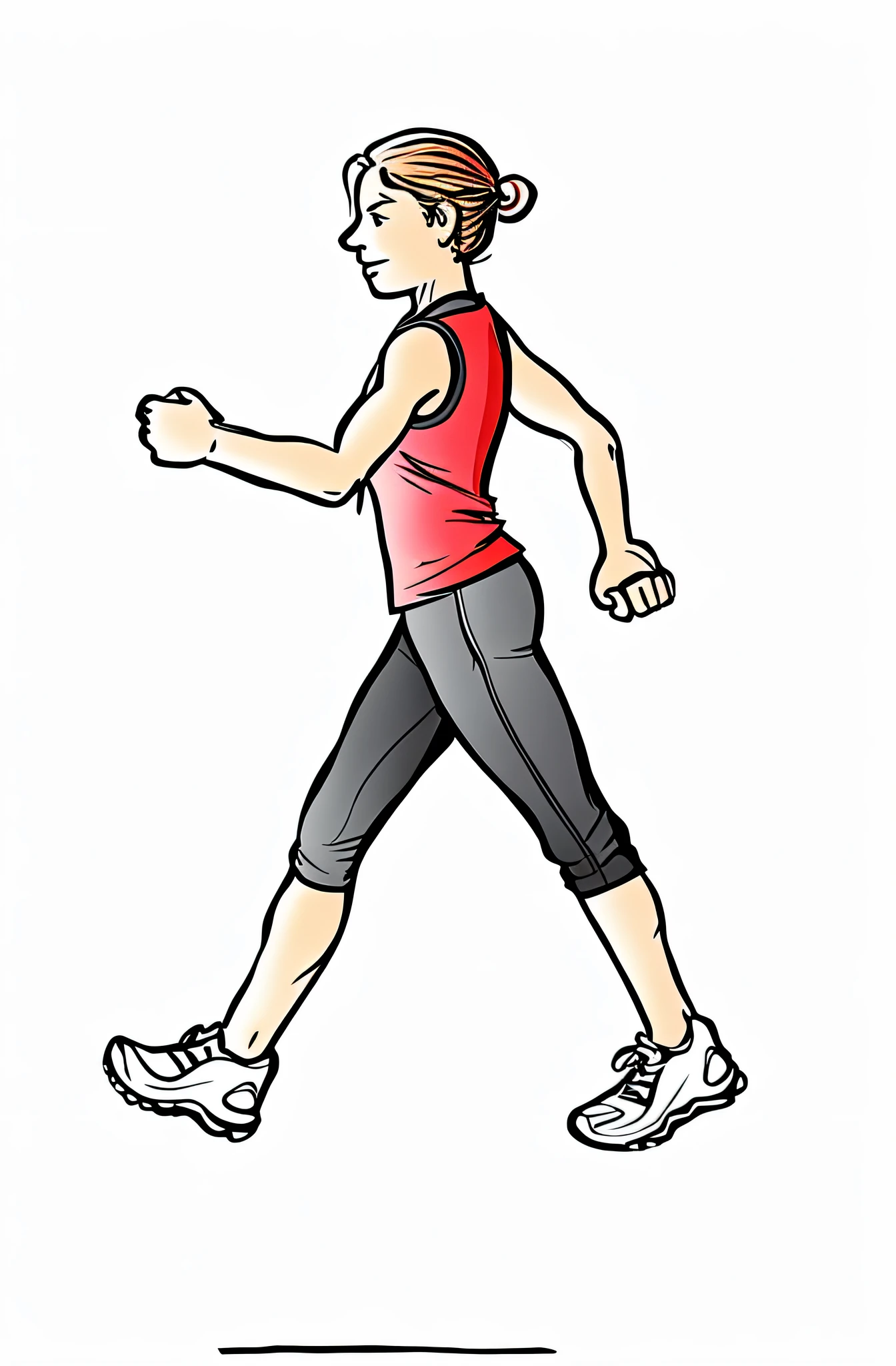 a woman in a red shirt and black capriss is running, running pose, accurate walk cycle, a woman walking, in good physical shape, cartoon image, walking to the right, inspired by Ada Hill Walker, waist reaching ponytail, workout, stick figure, running sequence, girl running, drawn image, a digital rendering, wikihow illustration, 5k, 5 k --auto --s2