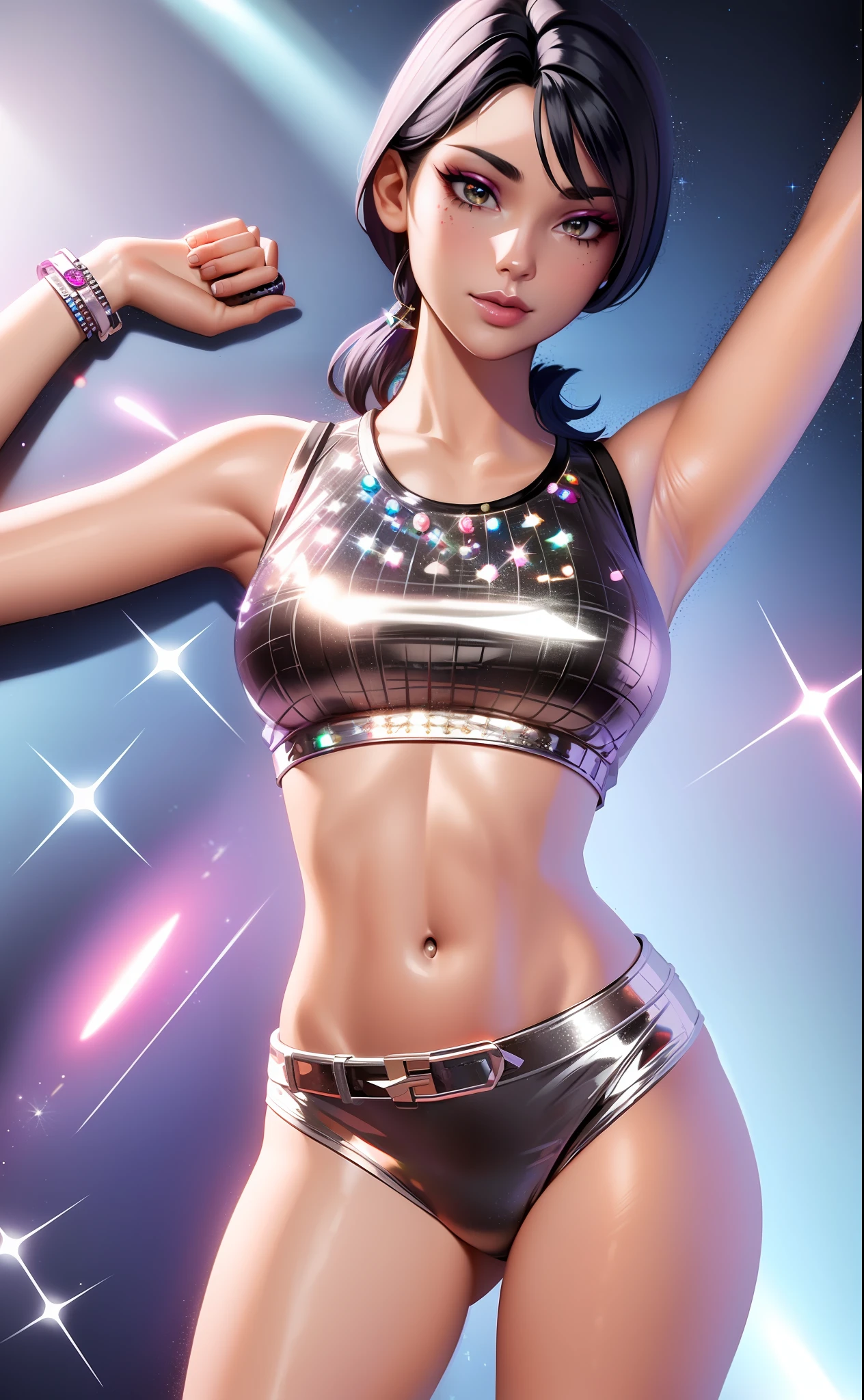 xyzsparkle, 1girl, jewlery, tank top, white bikini, makeup, sparkles, disco