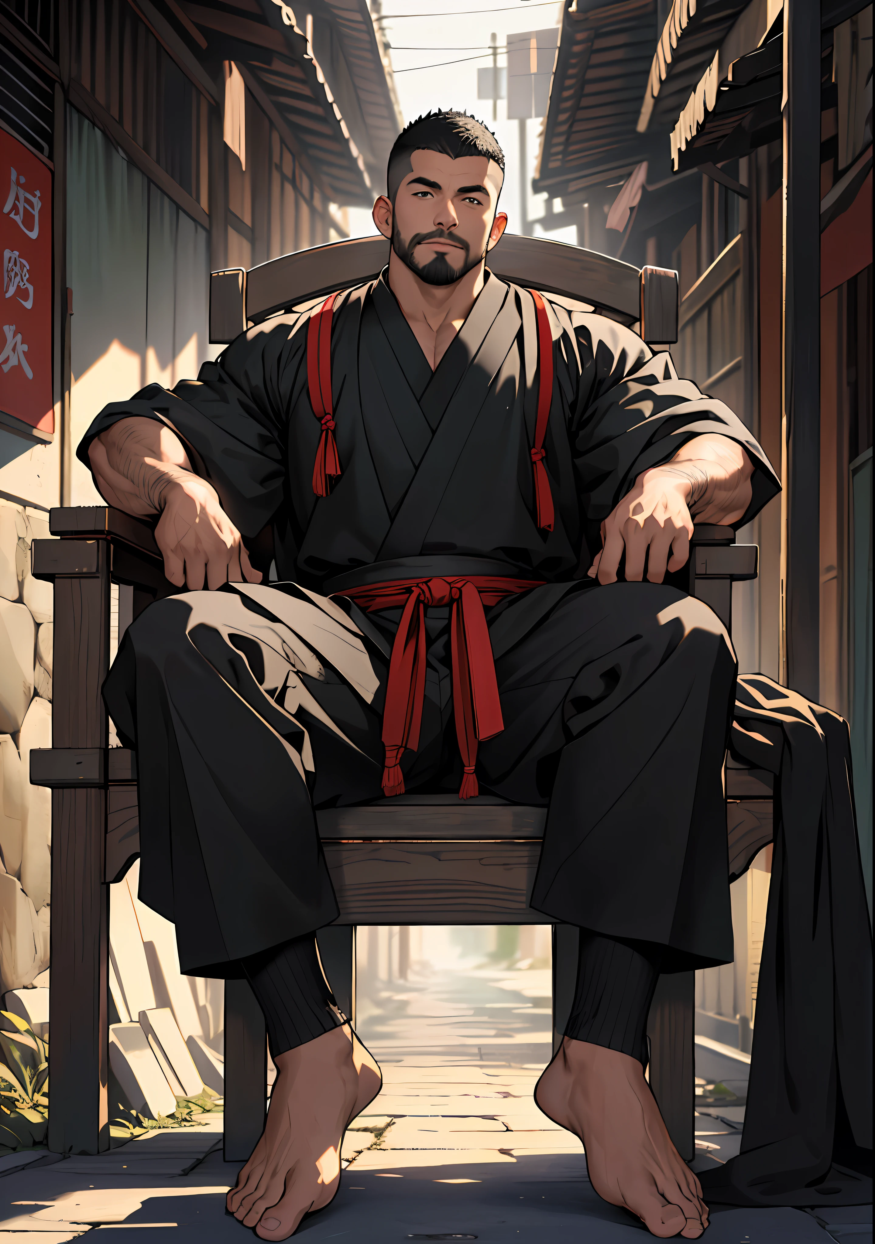 best quality, masterpiece, super high resolution, detailed background, realism, Illustrations, single, 1 boy, street, muscle, volumetric lighting, depth of field, facial hair, samurai, (crew cut), (black clothes), sitting on chair, barefoot, black socks