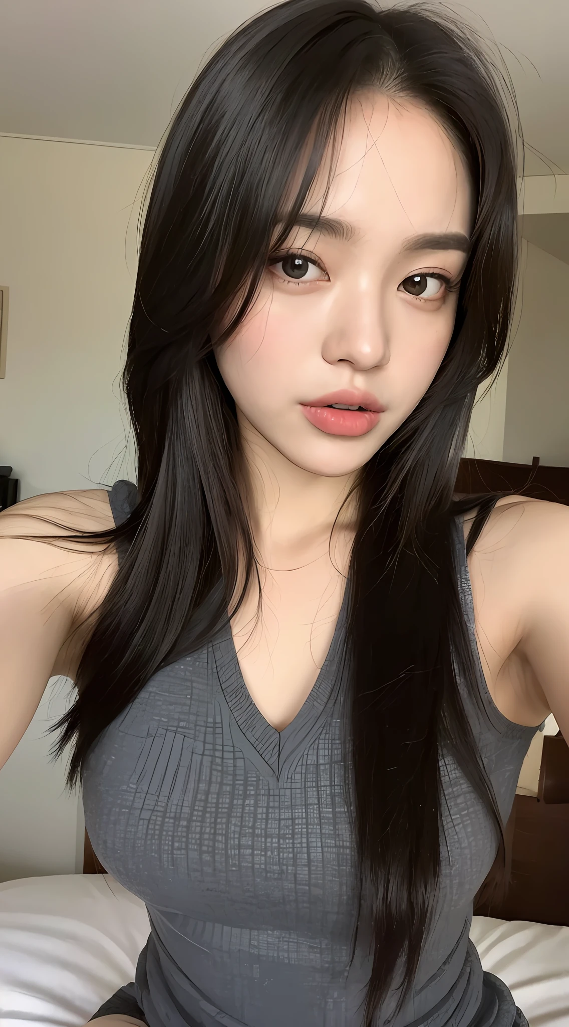 ((Top quality, 8k, Masterpiece: 1.3)), beauty, hidden face, 1 girl, beauty: 1.3, slender abs: 1.1, camisole vest, long black hair, (sitting on bed), ultra-detailed face, highly detailed lips, detailed eyes, double eyelids sticking out tongue
