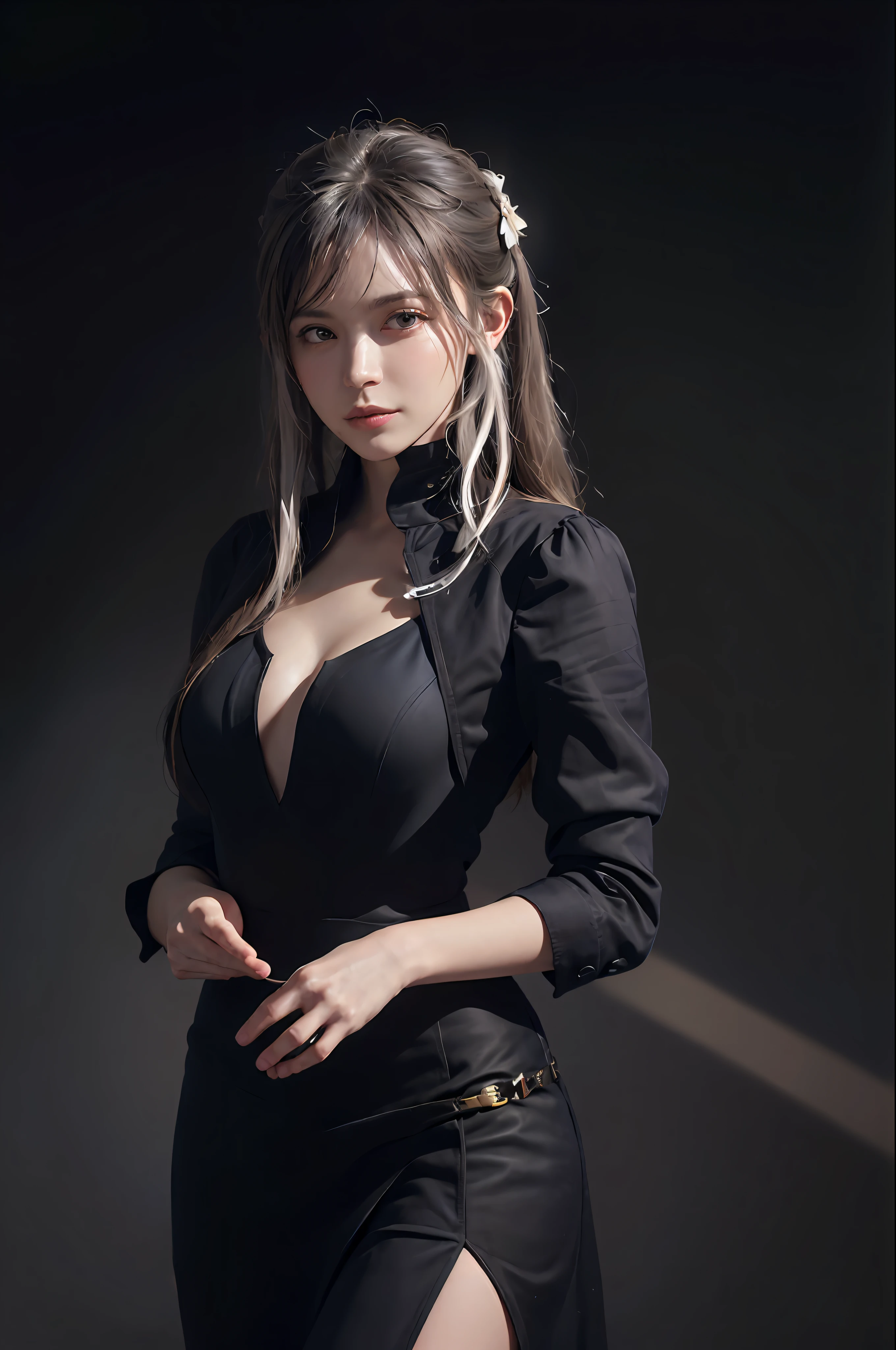 (front focus), (in the dark:1.6), Hyperrealist portrait of female by david hockney and alphonse mucha, fantasy art, photo realistic, dynamic lighting, artstation, poster, volumetric lighting, very detailed faces, 4 k, award winning, 1girl, in the dark, deep shadow, low key, cowboy shot, (official clothing:1.4), long hair, white hair