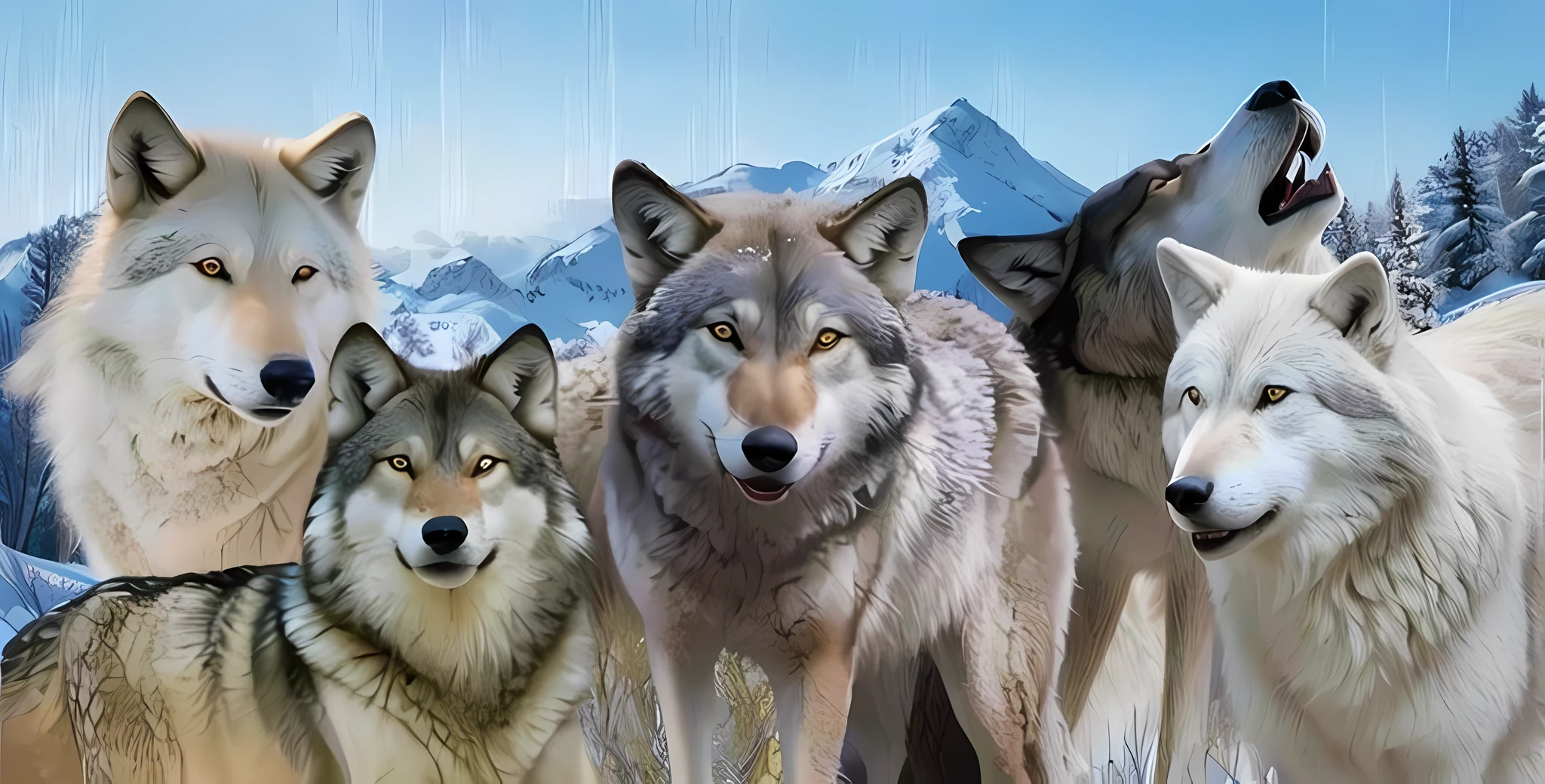 there are four different types of wolfs standing in the snow, wolves, wolves and their treasures, wolf pack following, wolp, photo of wolf, angiewolf, inspired by Wolf Huber, great wolf, wolf, digital art animal photo, wildlife illustration, three animals, detailed beautiful animals, by Wolf Huber, wolf pelt head, wolf skulls