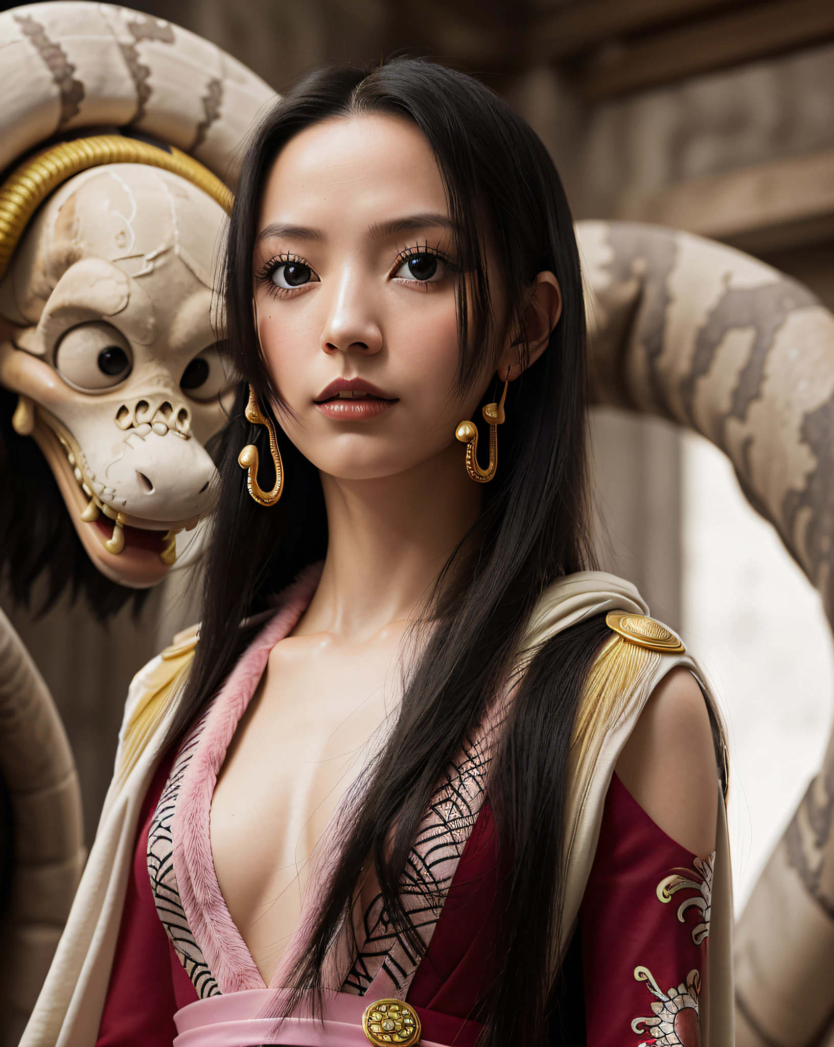 ((masterpiece)), the best picture quality, walking between cold atmosphere and noble temperament, giving people a sense of mystery, the perfect combination of royal sister and iceberg goddess, (1girl), boa hancock\(one piece\), high nose, sharp eyes, light smile and subtle, ((black hair | long hair): 1.2 + silver hair: 1.1), snake_skull background, bright eyes, towering aristocratic headdress, onyx, secret corridors, dim lights and blurred backgrounds, presenting a different mysterious atmosphere, dynamic angle and posture, slim and perfect figure.