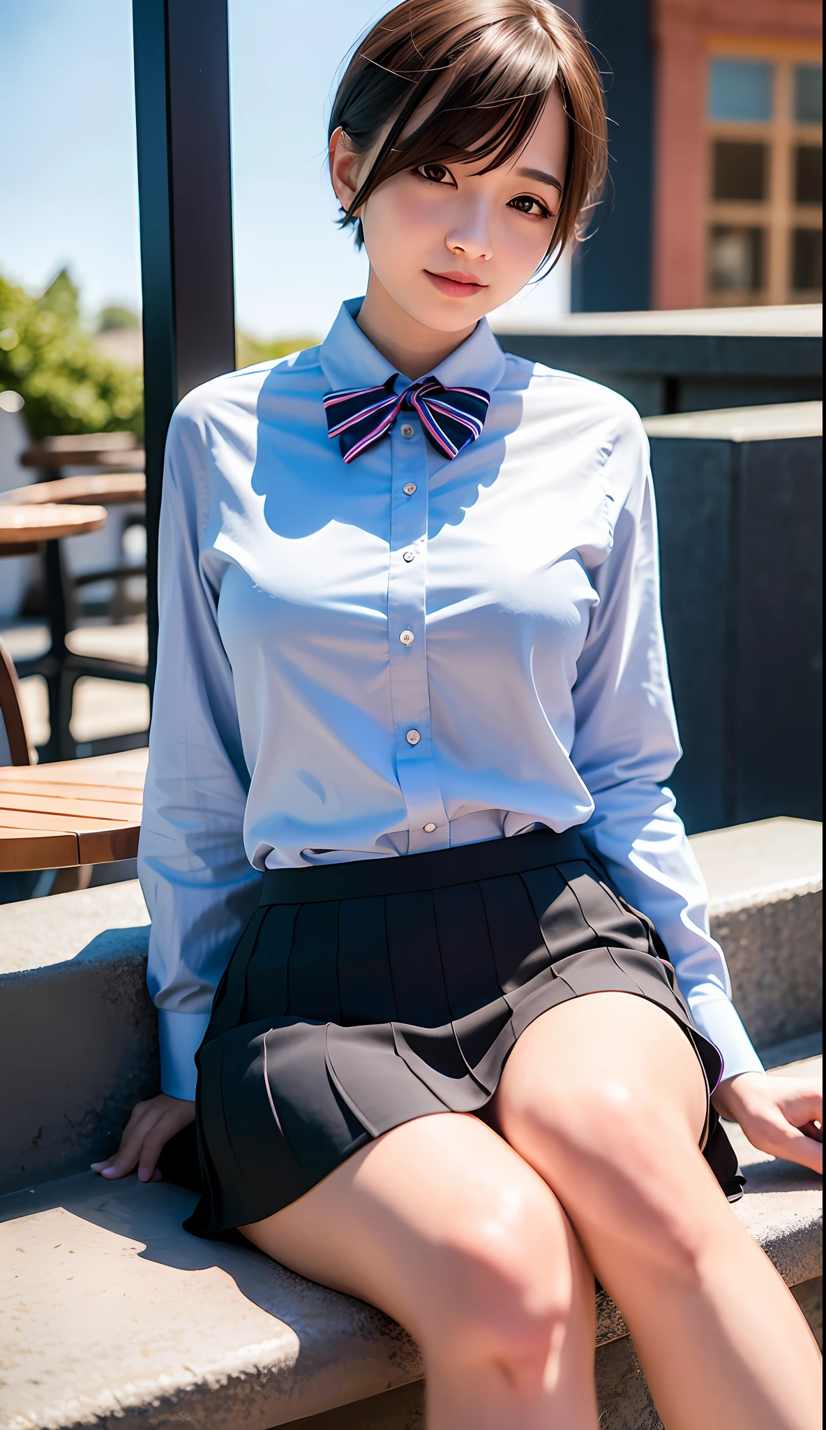 (8k, RAW photo, best quality, masterpiece:1.2), (realistic, photo-realistic:1.37), ultra-detailed,
1 girl,cute, solo,beautiful detailed sky,detailed cafe,night,sitting,dating,(nose blush),(smile:1.1),(closed mouth),large breasts, seductive smile, large aparture, professional lighting, Sony A7R4, Zessie 50mm F1.8,
medium breasts,beautiful detailed eyes,(collared shirt:1.1), bowtie,pleated skirt,(short hair:1.2),floating hair