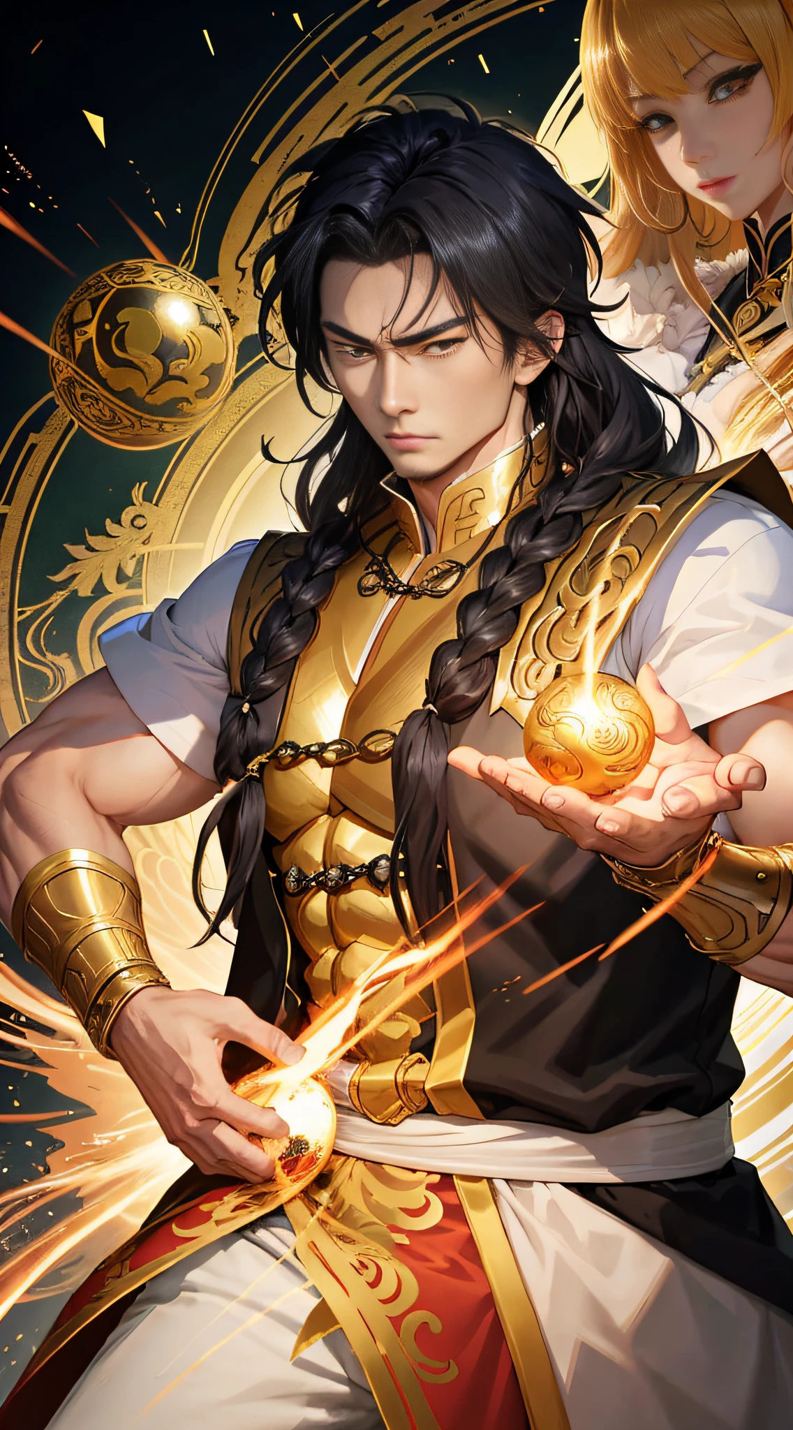 anime - style image of a man and woman holding a golden ball, keqing from genshin impact, handsome guy in demon slayer art, zhongli from genshin impact, heise jinyao, inspired by Yang Jin, g liulian art style, inspired by Huang Shen, by Yang J, inspired by Bian Shoumin, casimir art
