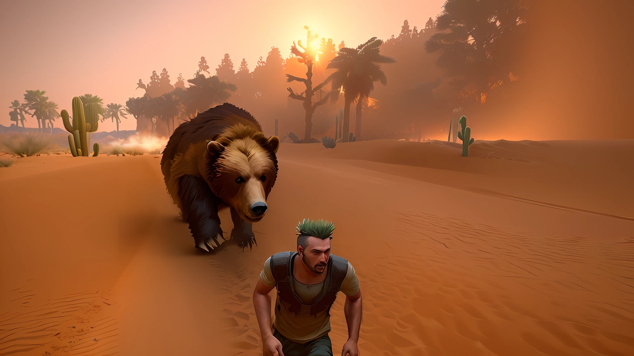 man running from bear in desert with cacti, desert, man running from bear, gameplay images, in-game picture, gameplay video, video game screenshot>, game screenshot, manbearpig, bear, in-game footage, in-game footage, realistic image, realism