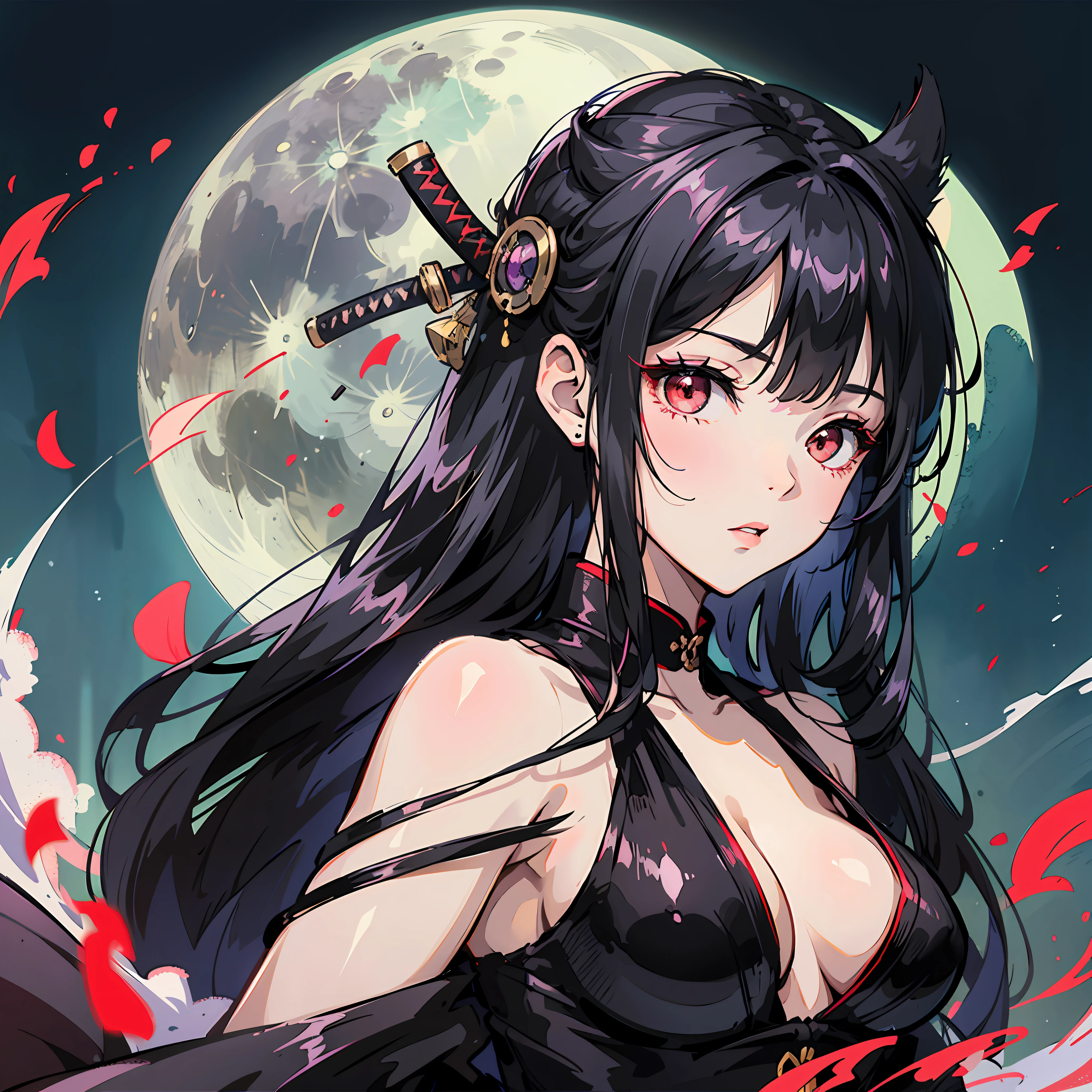 Woman with black hair, over moonlight, anime style with katana, and bright red eyes --auto --s2