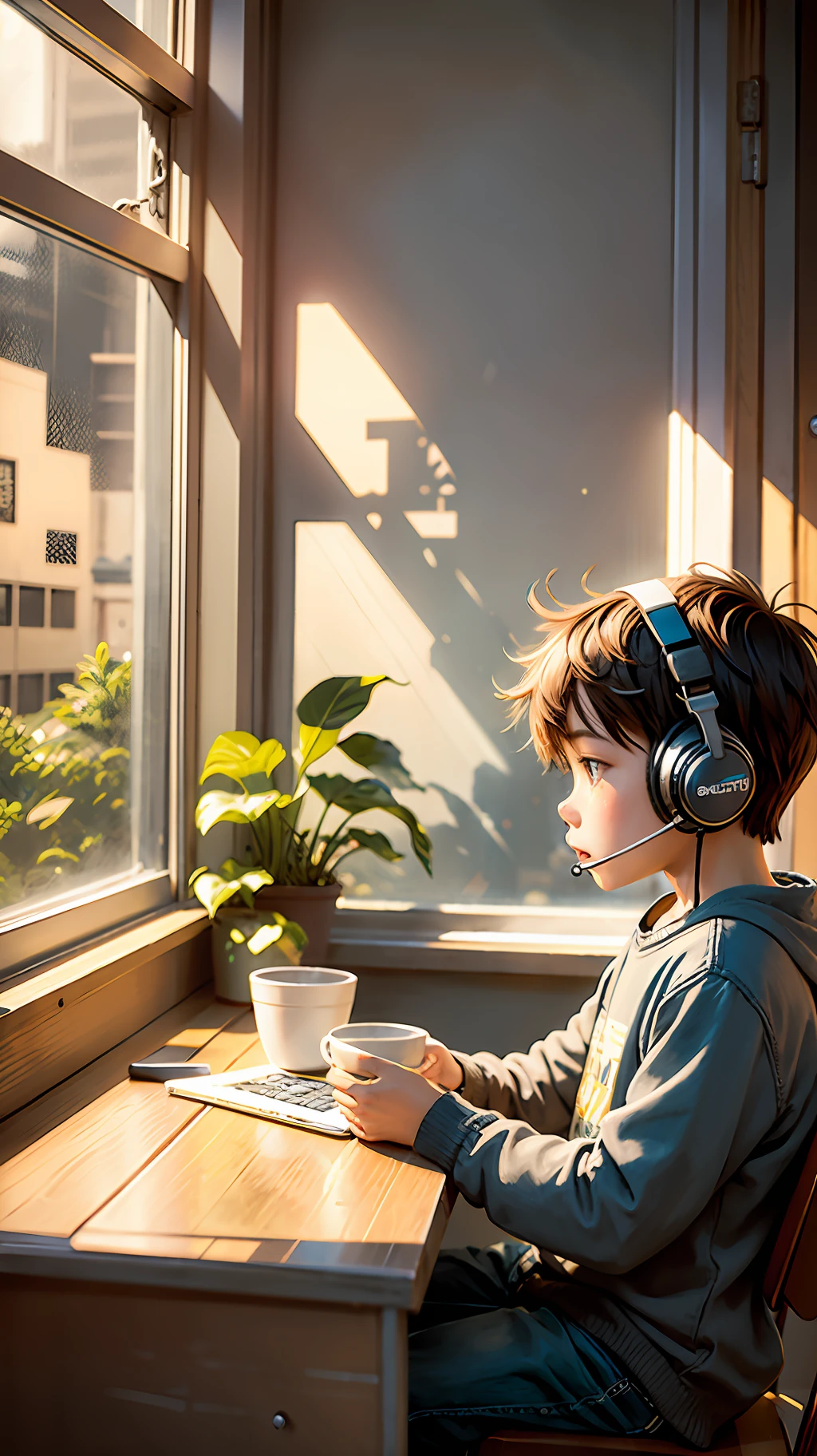Boy sitting at studio table
Coffee
Headset
Mix
Front window
Mild sun