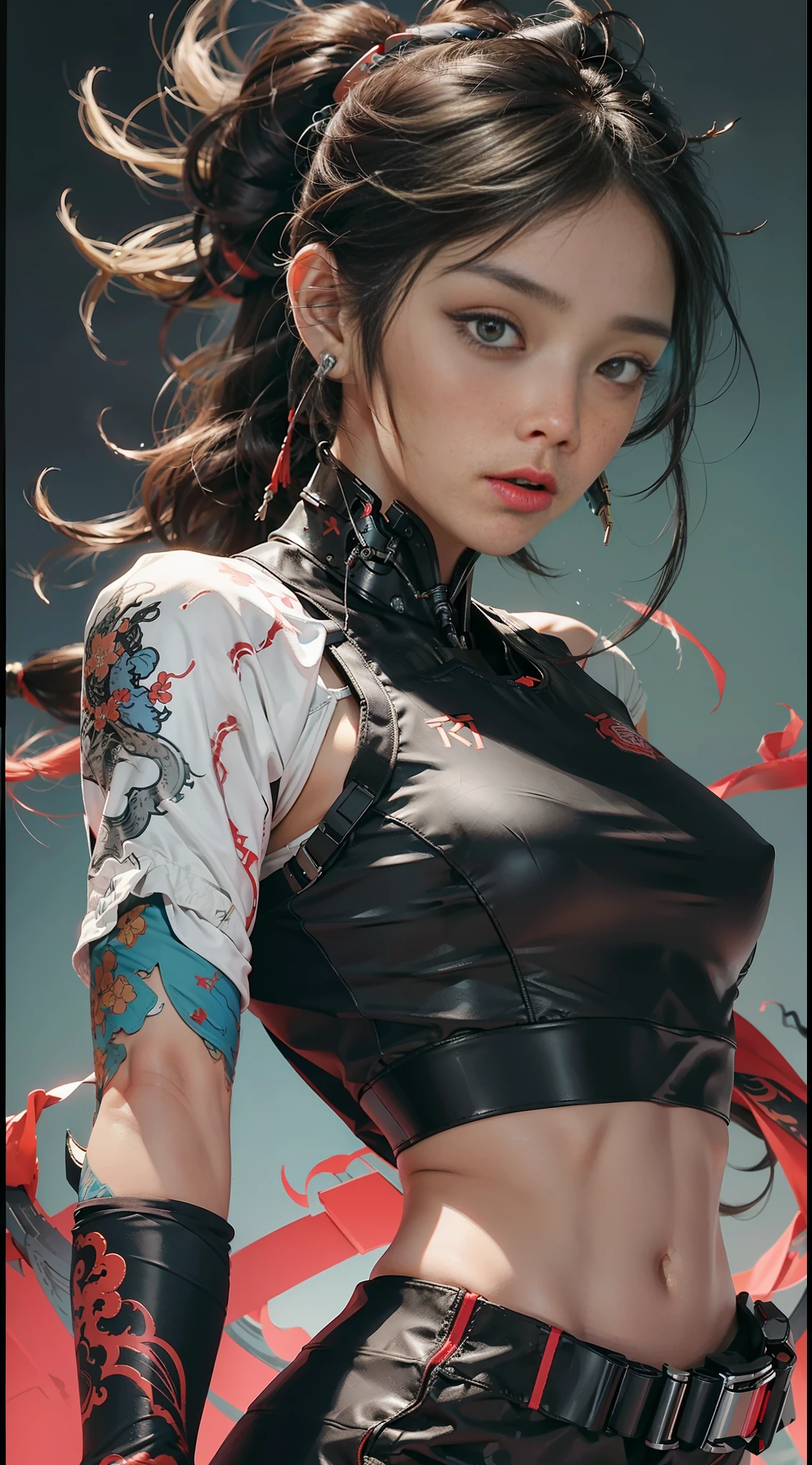 wuxia,1female,robot cyborg mech fighter,wmma, wearing sports bra fingerless gloves, martial arts,fcPortrait,(extreme detailed),illustration