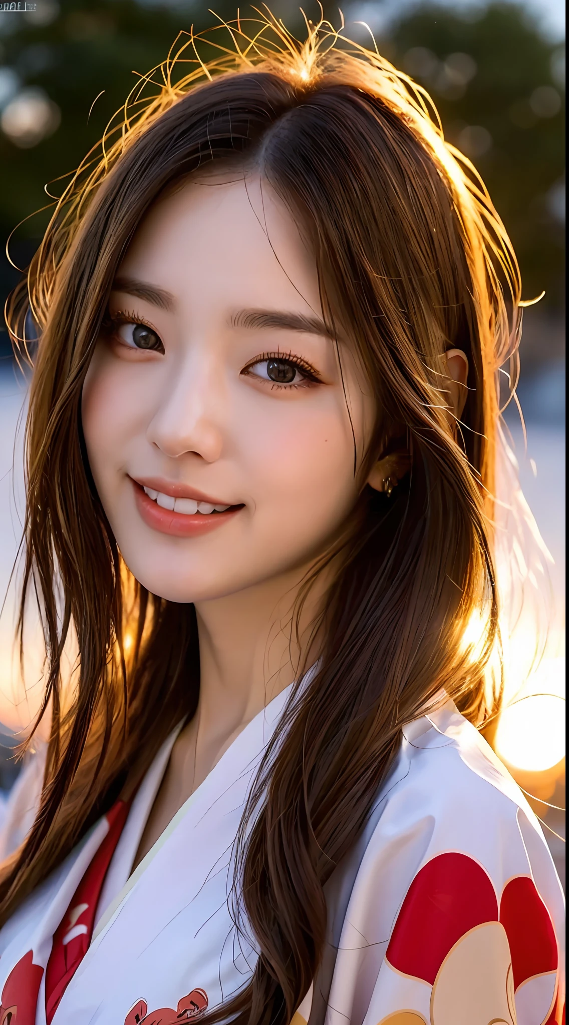 beautiful eyes, realistic eyes,look at camera,smile,(((top quality, 8k, masterpiece))), crisp focus, (beautiful woman with perfect figure), slender, (hairstyle: up)), ((kimono: Kara)), street: 1.2 Highly detailed face and skin texture Detailed eyes Double eyelids random posture, (smile),super cute Japan person,super beauty Japanese girl, realistic face, double eyelid,summer festival , at sunset , beautiful tooth , fire-works back-ground.