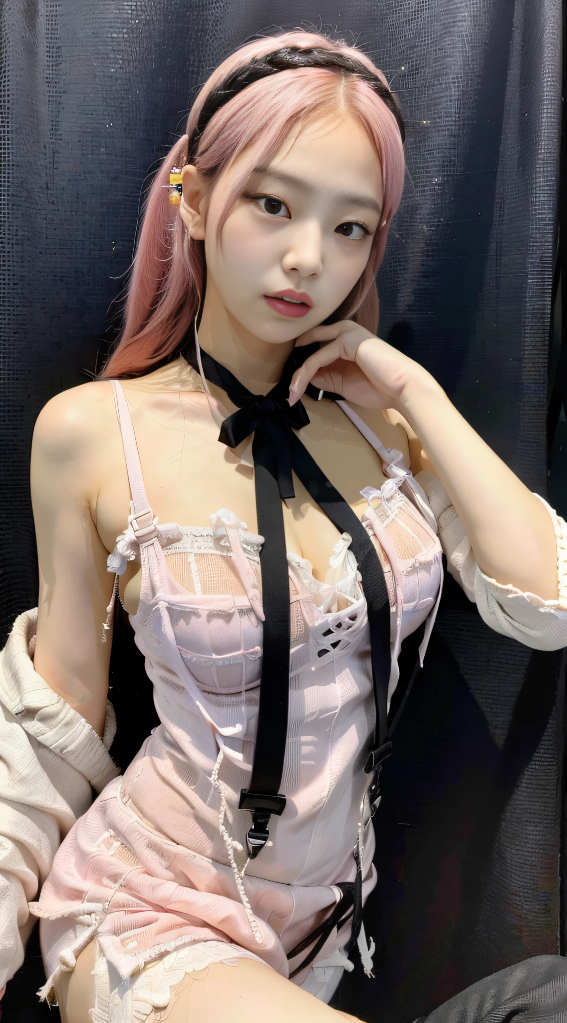 (1girl:1.3), solo, __body-parts__, Kim Ji-ni Jennie face, black background, photography, high contrast, high resolution, HD face shape, bust photo, front face, pink hair, world-weary face, high cold expression, white suspenders, white shorts, cleavage, fair skin, 16k