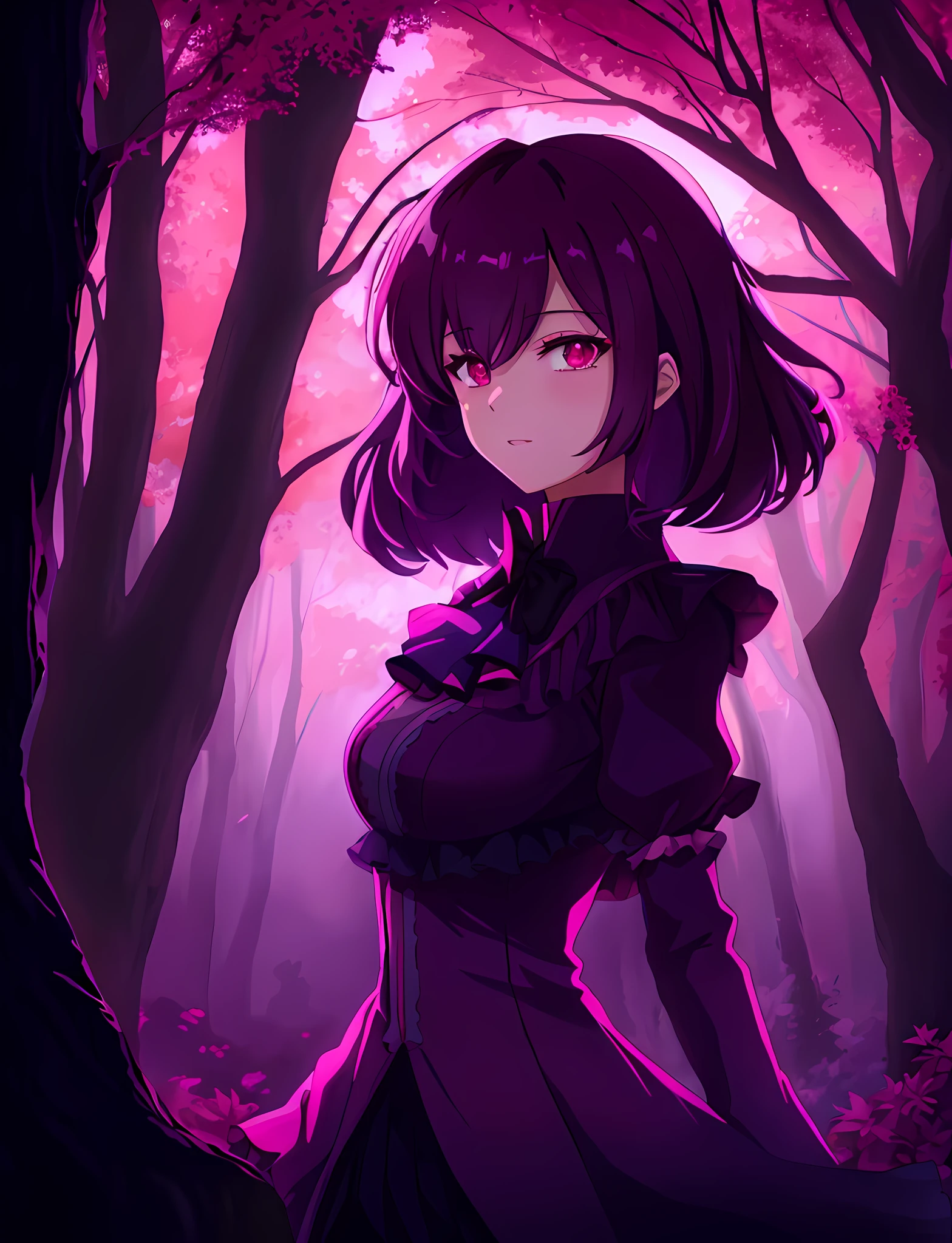 Anime Girl in a Dark Forest With a Pink Light, Anime Lush John 8K Woods, Portrait GapMoe Yandere Grimdark GapMoe Yandere Grimdark, Vampire anime girl, vampire traits, white skin, superior
and arrogant expression in face,very red eyes, glowing eyes, Anime Art Wallpaper 8 K, Beautiful Anime Art Style, Anime Girl wearing a black dressing, ajar mouth, dynamic pose digital ilustration anime, --auto --s2