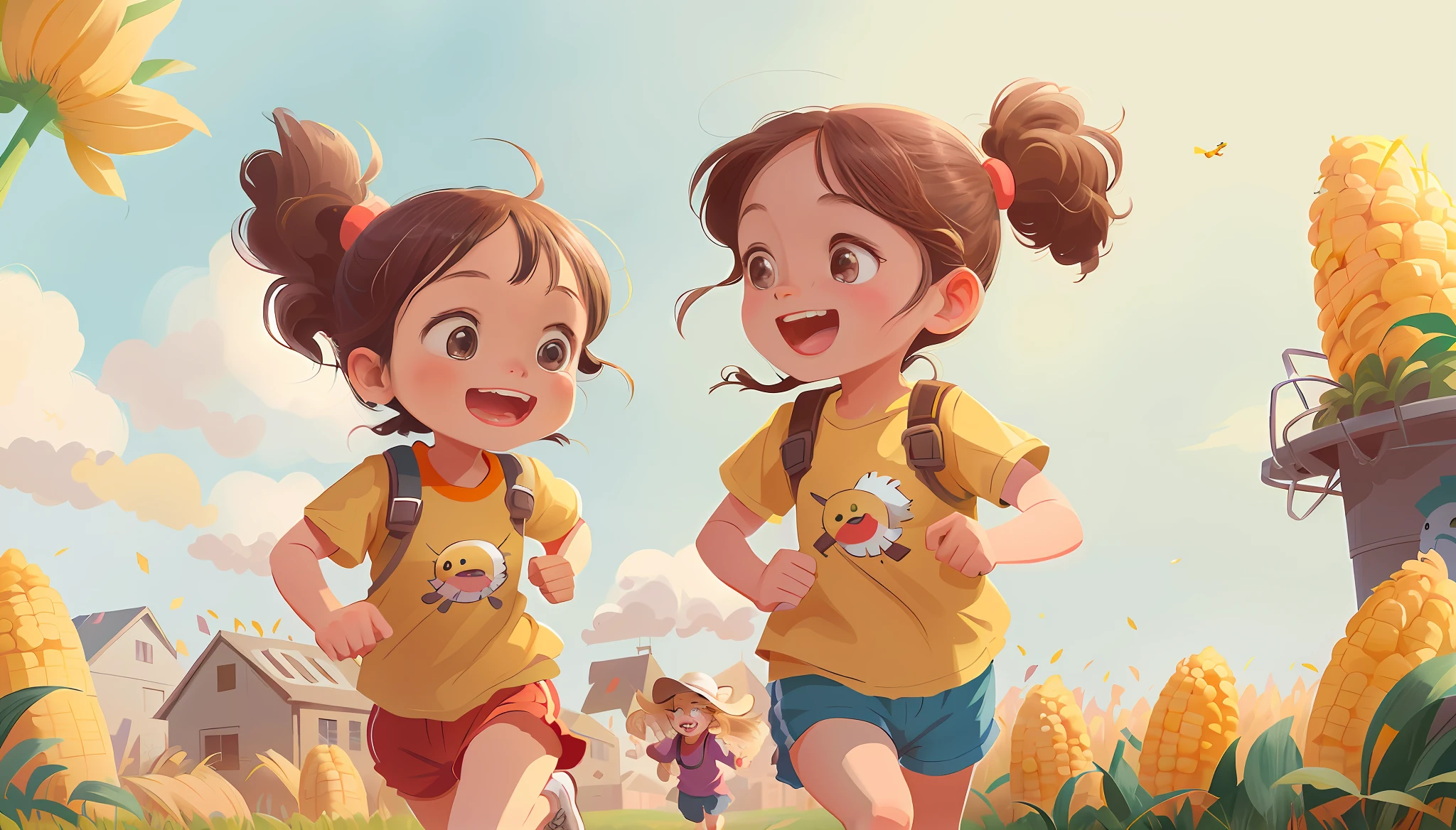 cartoon illustration of two girls running in a corn field, childrens art in artstation, children illustration, kids book illustration, adorable digital painting, children book illustration, cartoon style illustration, atey ghailan 8 k, a beautiful artwork illustration, childrenbook illustration, by Li Song, colorful kids book illustration, by Qu Leilei, childrens illustration, 2. 5 d illustration