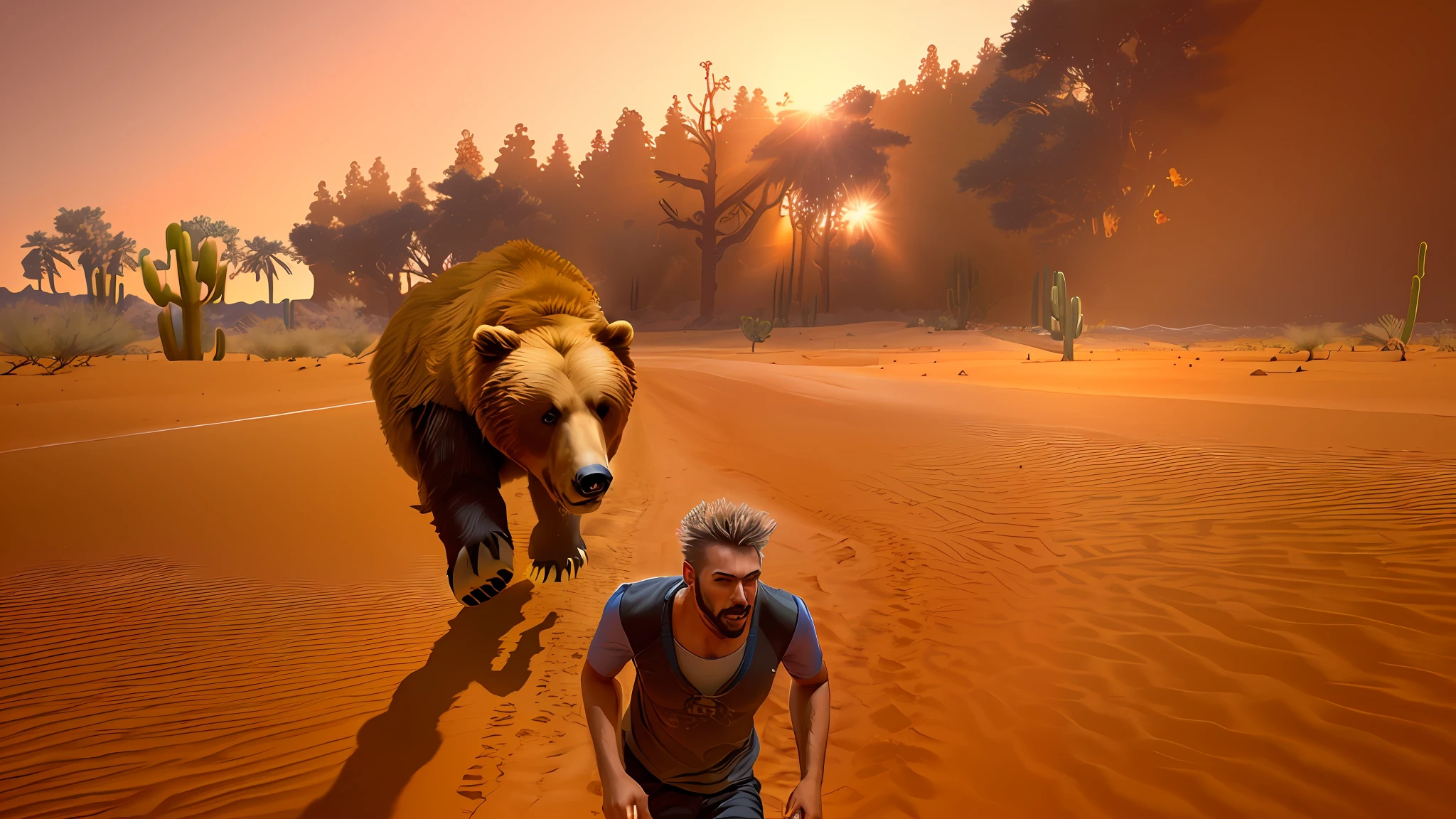 man running from bear in desert with cacti, desert, man running from bear, realistic image, realism, vivid colors