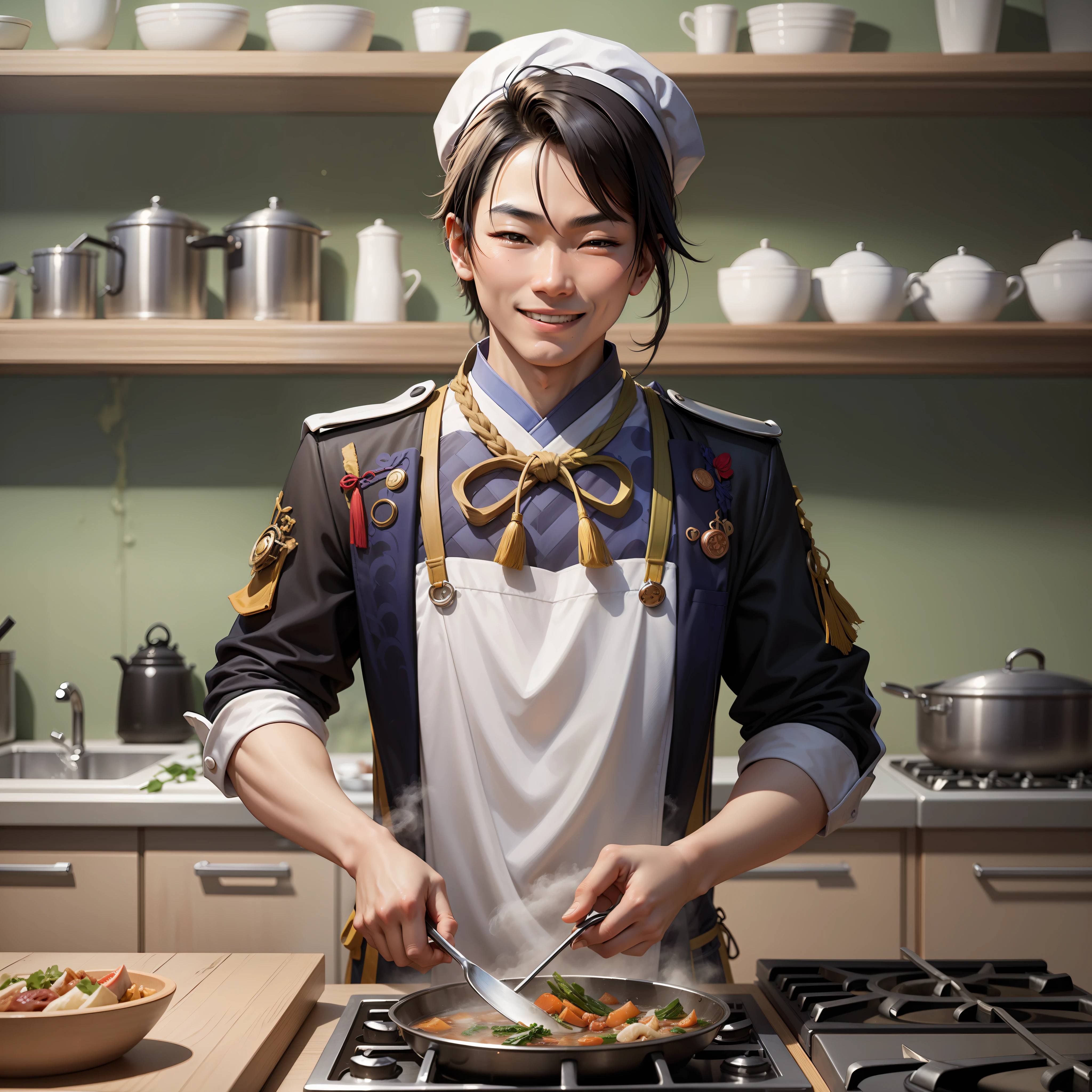 The account's profile picture should depict a mischievous young Chinese chef. The chef should have a realistic style, with  a wide smile, standing next to a stove. The chef should be holding a large cooking spoon and seasoning, creating a delicious dish.Bring the mischievous Chinese chef to life with a realistic and lively illustration, capturing the secrets of cookery and the joy of culinary exploration.