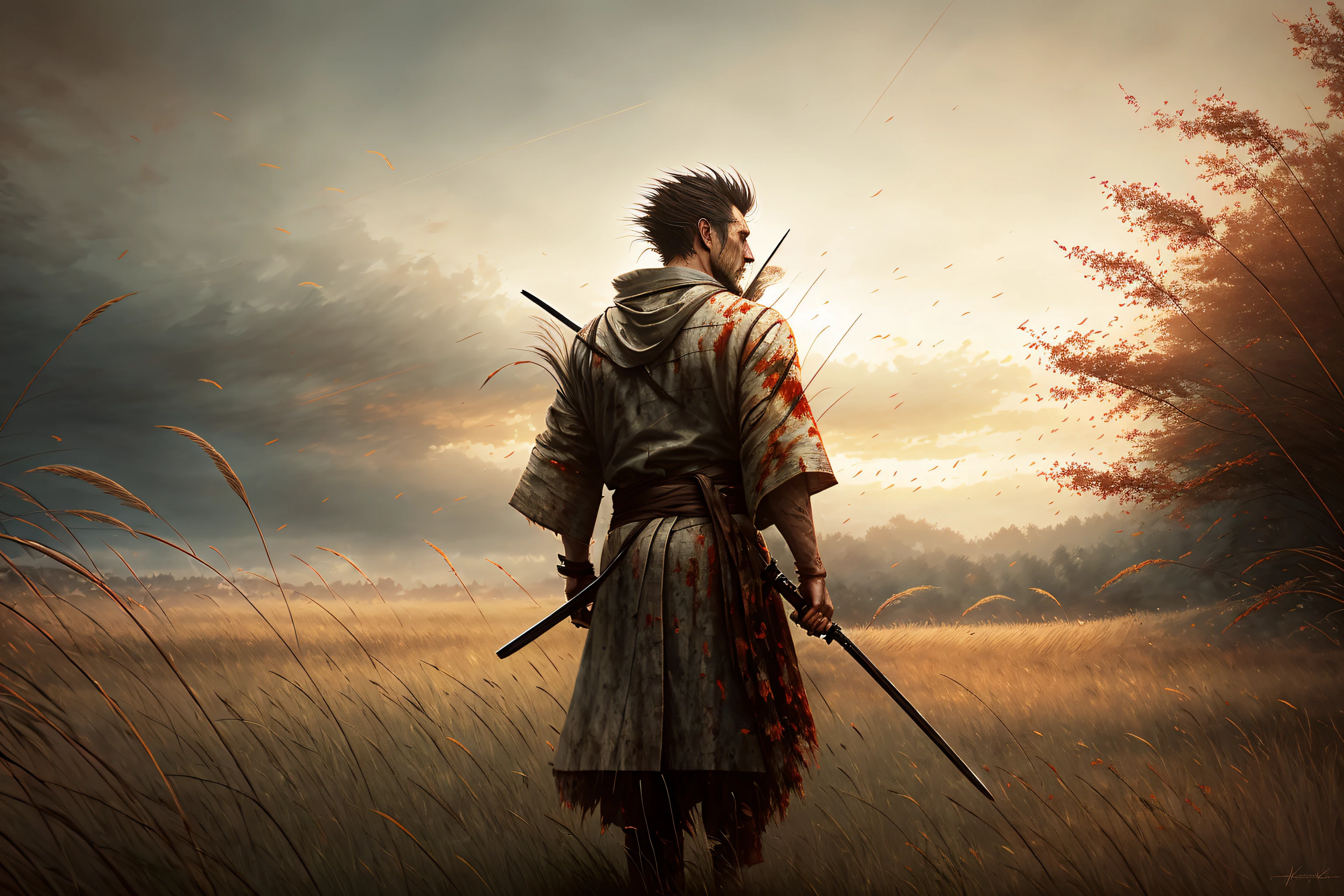 a lone ronin in y torn robe walking in the rain, bare feet, from behind, (long sword), wavy (tall grass:1.2), sunset, [messy hair], full body, dramatic, backlit, volumetric lighting, (highly detailed:1.2), painting, bloom