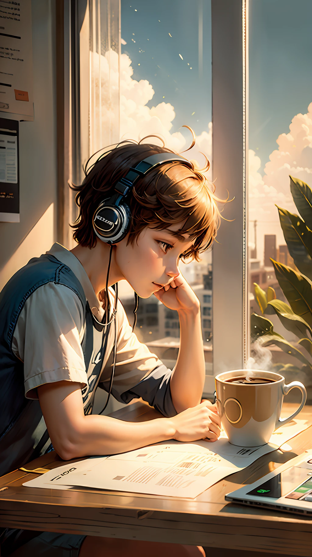 Boy sitting at studio table
Coffee
Headset
Mix
Open front window
Mild sun