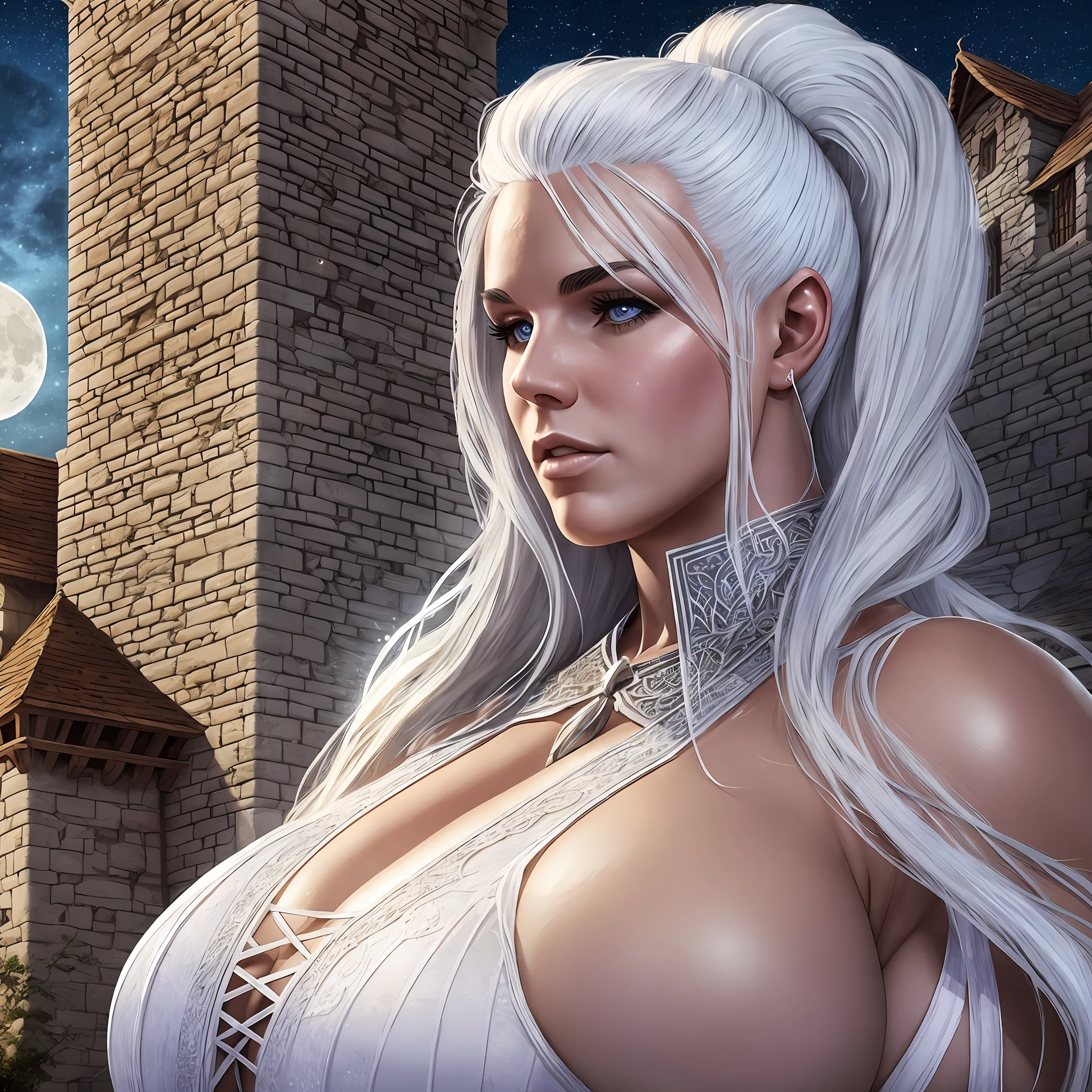 Medieval Castle Village, Gigantic Muscle woman, Shaved White hair, large breasts, transparent clothing, torn, thin, neckline, sweating, night sky, full moon, realistic, Full HD, best quality