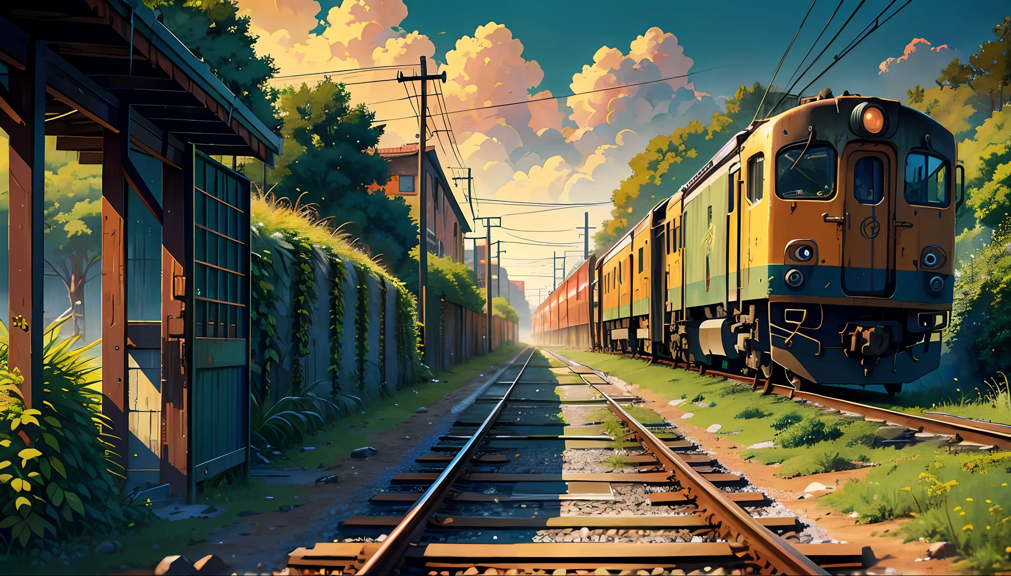 Train track, train, rusty train, train covered in mosses, mosses, warm weather, warm colors, old buildings, apocalyptic weather, masterpieces, HD, high quality, best quality, highres, high quality, high details, masterpiece, anime style