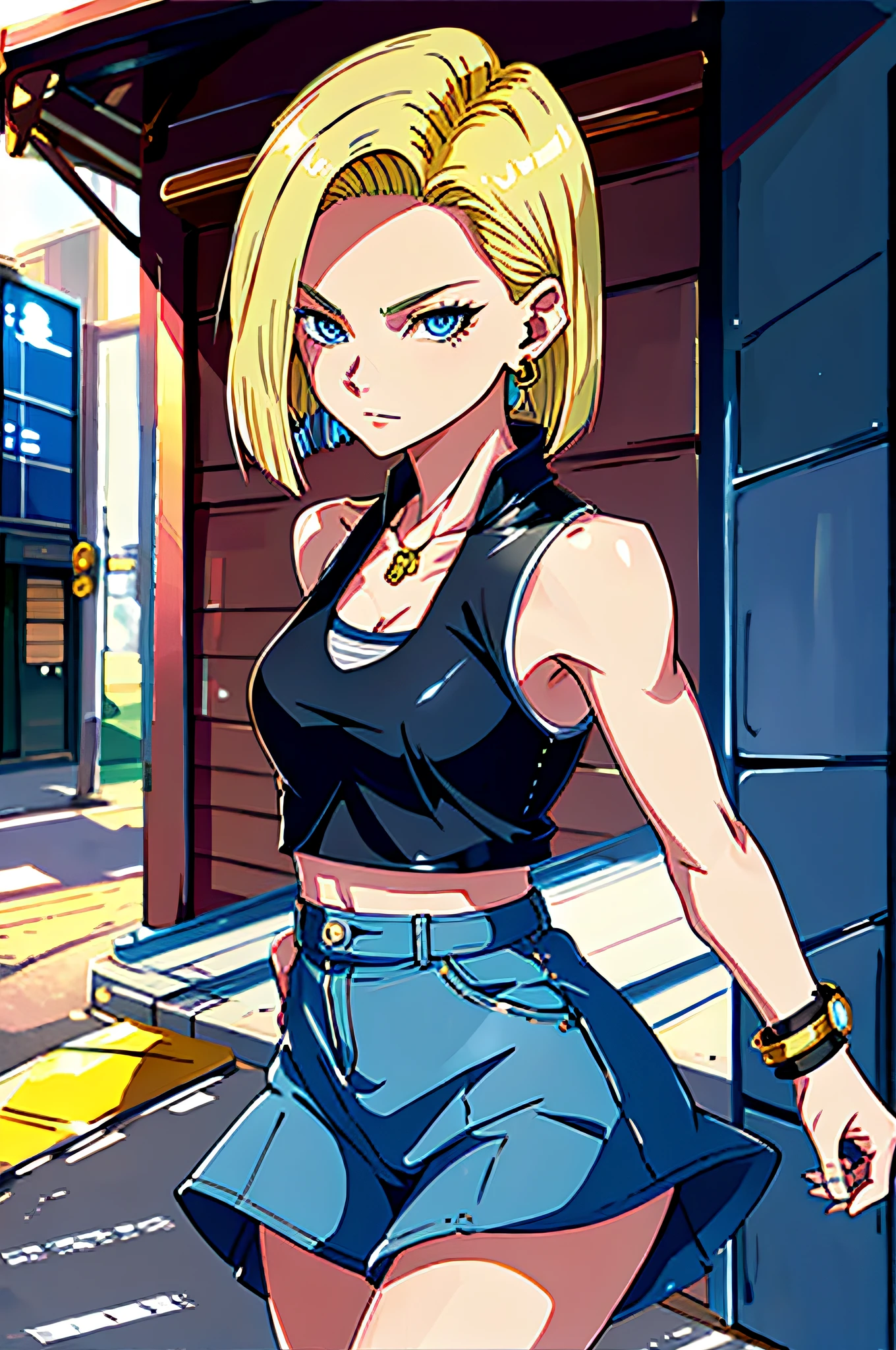 best quality, highres, and18, 1girl, android 18, solo, blonde hair, blue eyes, short hair, earrings, jewelry, medium breasts, cowboy shot, street,