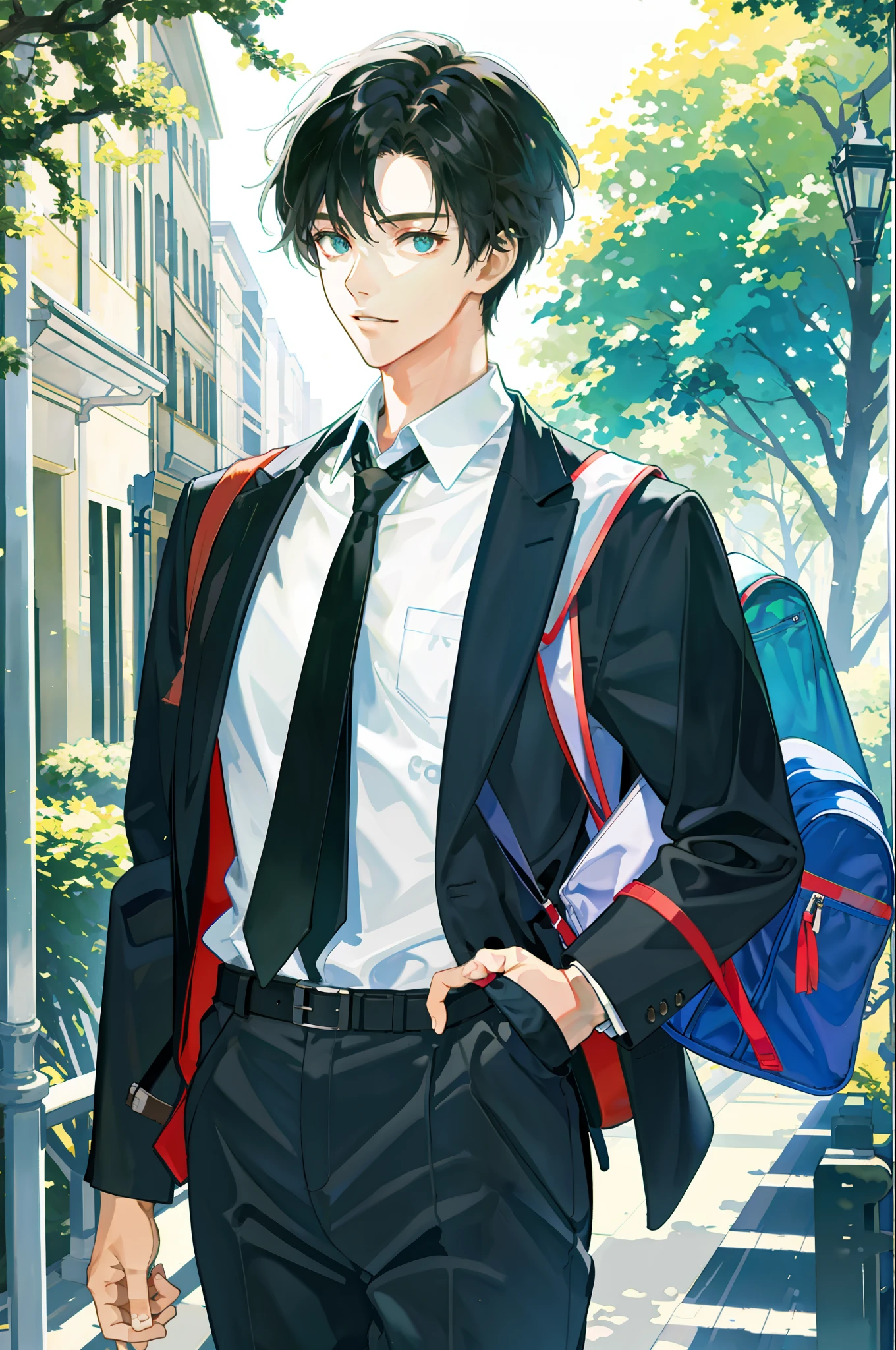 Masterpiece, Need for Good, 1boy, Male Focus, Handsome, Campus, Boulevard, Spindle Tree, Afternoon Sun, On the Way to School, School Uniform, Backpack, Front, Depth of Field