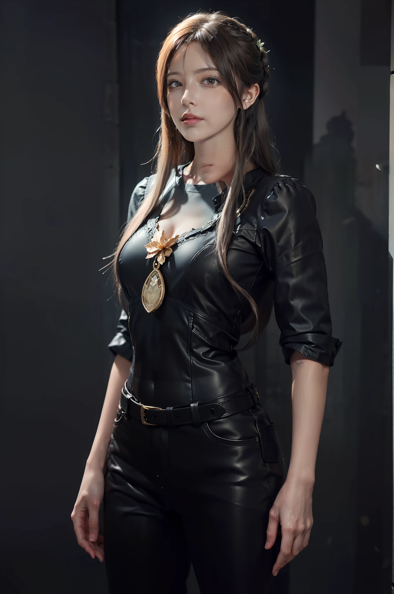 Hyperrealist portrait of female by david hockney and alphonse mucha,fantasy art, photo realistic, dynamic lighting, artstation, poster, volumetric lighting, very detailed faces, 4 k, award winning,, 1girl, in the dark, deep shadow, low key,cowboy shot,(official clothing:1.4) ,long hair,white hair,