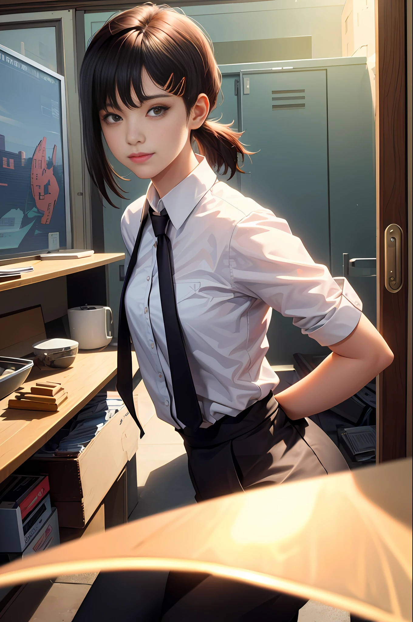 masterpiece, best quality, ultra-detailed, illustration, epic lighting, cinematic composition, isometric, 1girl, solo, cute, brown eyes, black hair, swept bangs, single sidelock, red hairclip, white collared shirt, black necktie, black pants, formal, enchanting gaze, captivating pose, indoors, office, door, opening door, looking at viewer, peeking out upper body, blush, seductive smile, closed mouth,(8k:1.1),
