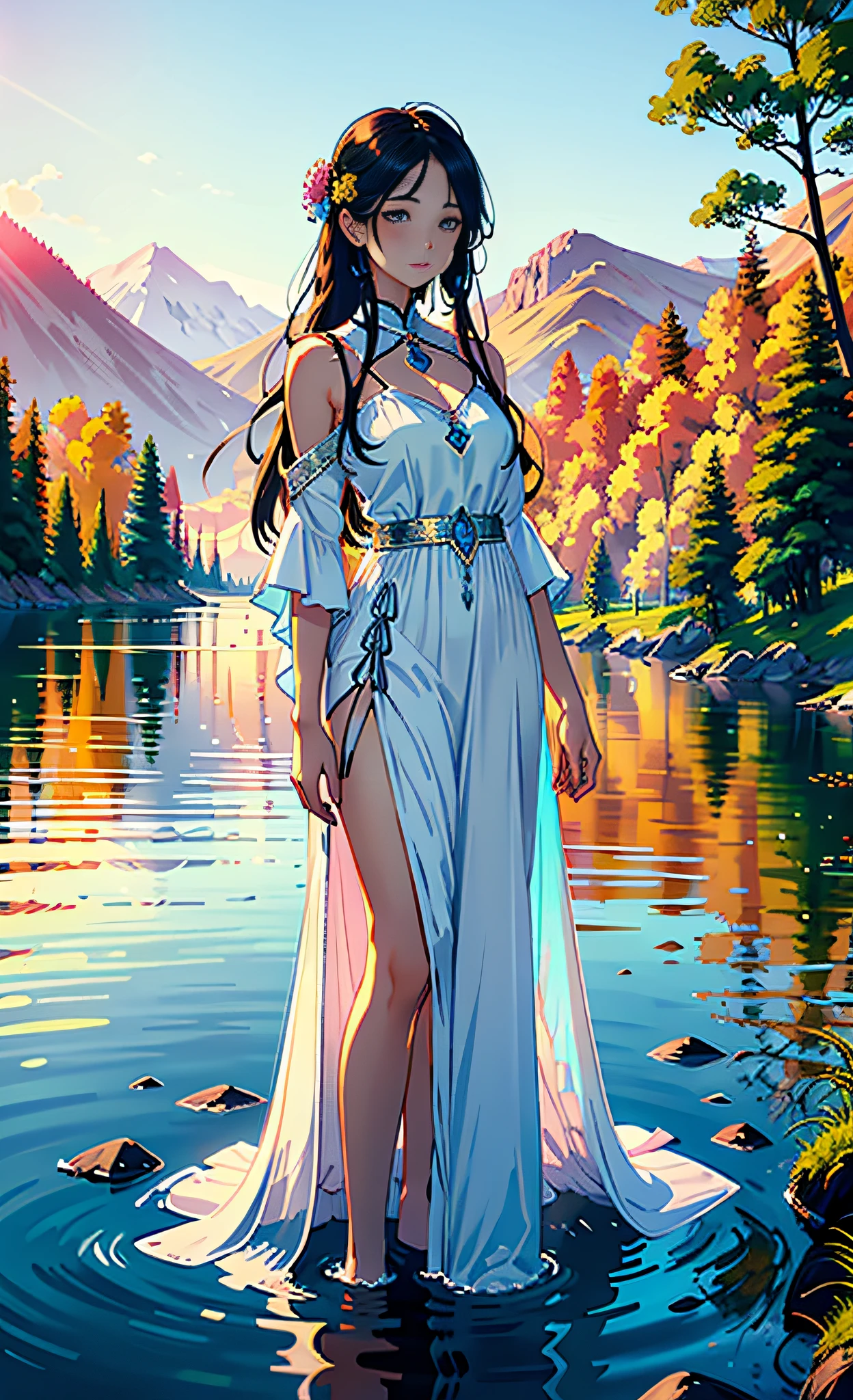 1 girl, serene expression, mesmerizing eyes, straight long hair, flowing dress, poised posture, porcelain skin, subtle blush, crystal pendant
BREAK
golden hour, (rim lighting):1.2, warm tones, sun flare, soft shadows, vibrant colors, painterly effect, dreamy atmosphere
BREAK
scenic lake, distant mountains, willow tree, calm water, reflection, sunlit clouds, peaceful ambiance, idyllic sunset, ultra detailed, official art, unity 8k wallpaper
, zentangle, mandala
