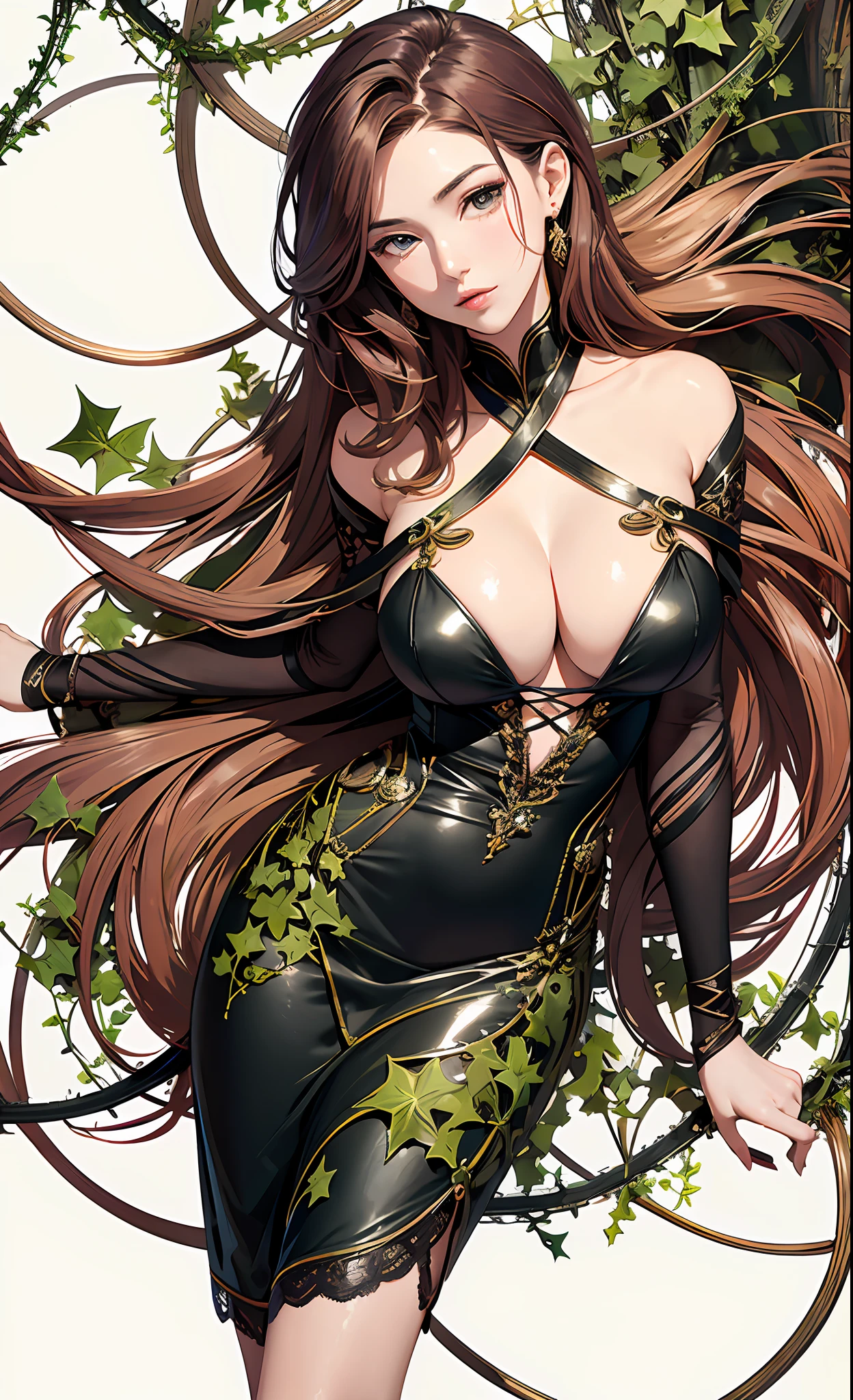 (Masterpiece, Top Quality, Best Quality, Official Art, Beautiful and Aesthetic: 1.2), (1 Women: 1.3), (Two-tone Medium Hair), Very Detailed, (gorgeous colors mechanical ivy spirally entwined Background:1.3),(Colorful: 1.4), Supreme Detail,)), Attractive and revealing rear view, (Seductive Pose), (Abstract Background: 1.5), (Seductive mechanical Dresses: 1.4), ( cleavage)), (shiny skin)