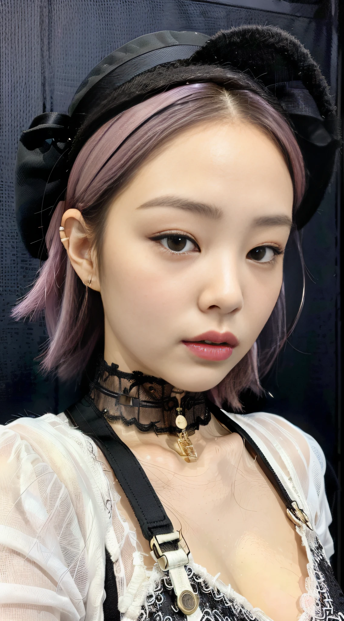 (1girl:1.3), solo, __body-parts__, Kim Ji-ni Jennie face, black background, photography, high contrast, high resolution, HD face shape, bust photo, front face, pink hair, world-weary face, high cold expression, white suspenders, white shorts, cleavage, fair skin, 16k