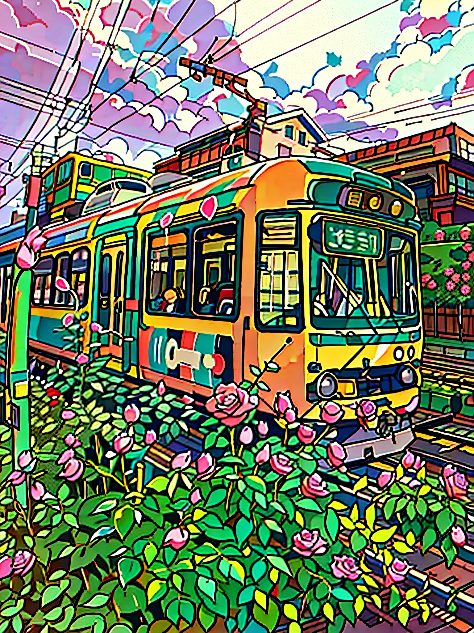 Colorful train surrounded by roses, Arakawa line, tram, lofi, retro style, cartoon style, (evening)