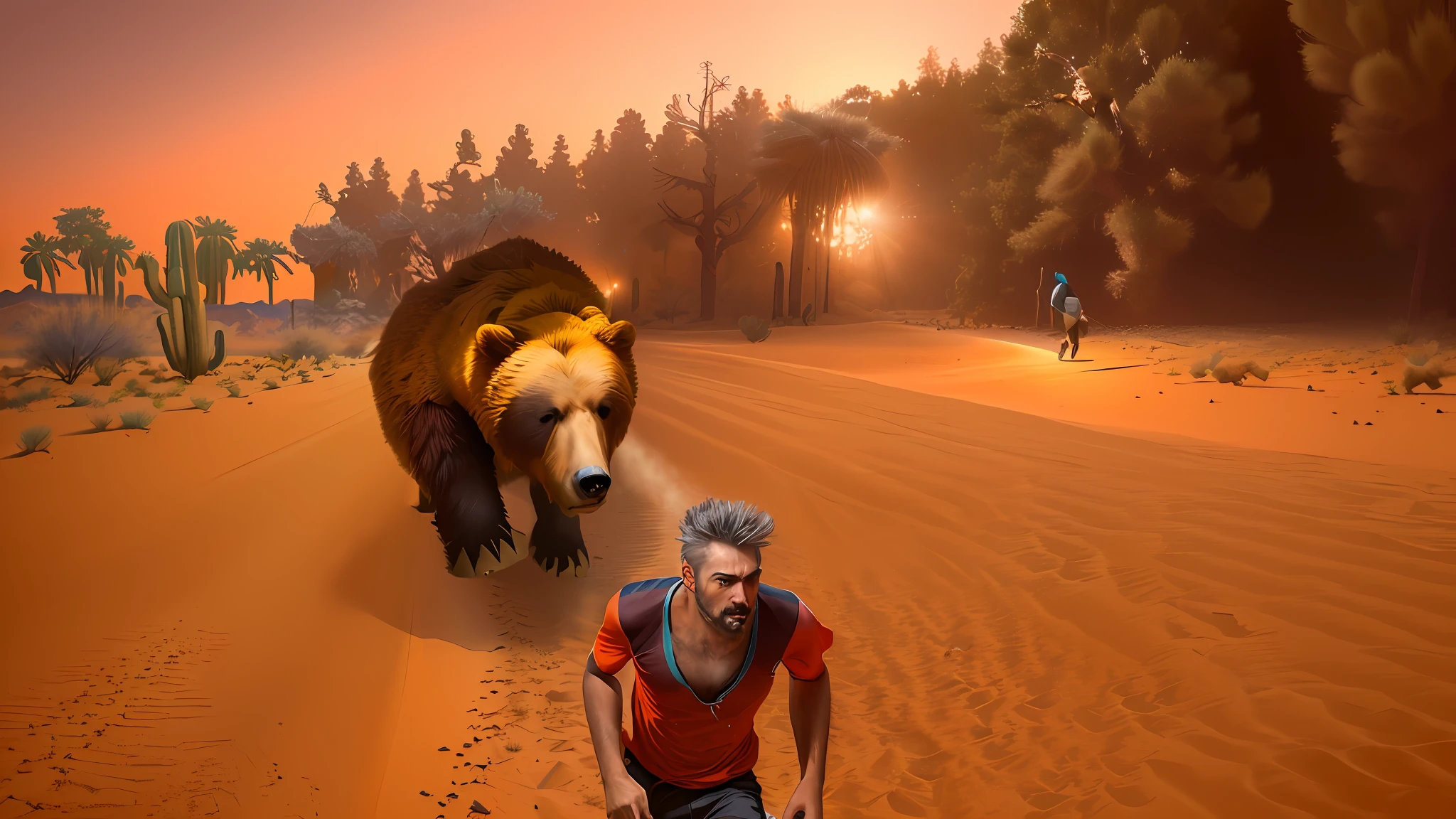 man running from bear in desert with cacti, desert, man running from bear, realistic image, realism, vivid colors