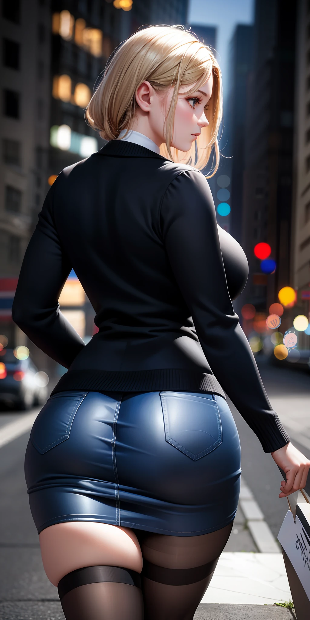 Realistic, 1 girl, fair skin, short skirt, slightly bigger ass, walking, turning around, big breasts