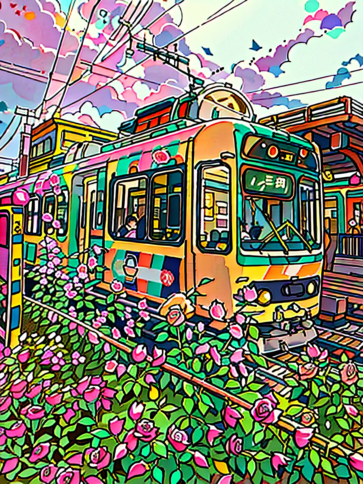 Colorful train surrounded by roses, Arakawa line, tram, lofi, retro style, cartoon style, (evening)