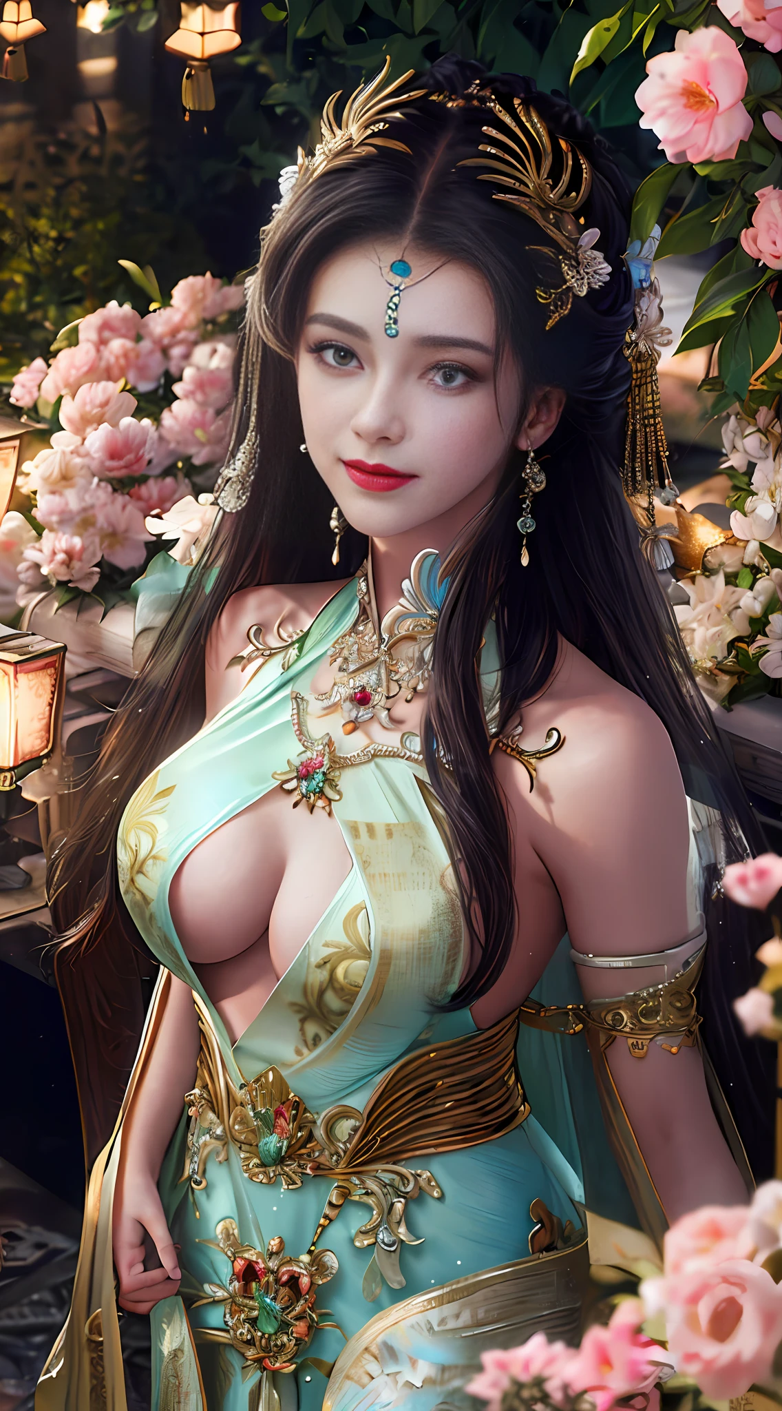 (masterpiece), (best quality), (ultra detailed),(highres), absurdres, ultra realistic 4k CG, delicate pattern, intricate detail,best illumination,best shadow,natural lighting ,
depth of field,blurry,
1girl, solo,medium_breasts,necklace,earings,jewelry, black hair, solo, earrings, blue eyes, long hair, necklace,smile, hair ornament, shiny skin,cowboy shot,
chinese dress, floating hair,
peach blossom,blossom,tree,outdoors,