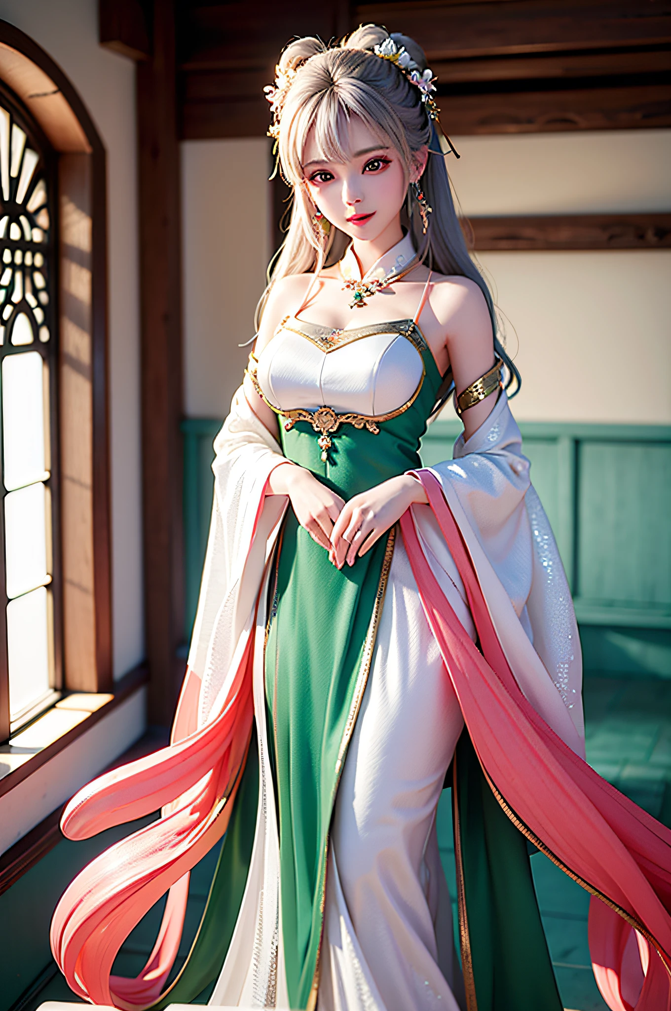 There is a girl in a green dress, plum blossoms, palaces, oriental architecture ray tracing, {best quality}, {{masterpiece}}, extremely detailed 8K wallpaper, {an extremely delicate and beautiful}, colorful, intricately detailed, Realistic, real, camera quality, (detailed depiction of clothes), cool white skin, (detailed depiction of blush), 1080p, sun, soft cuteness, smooth light silver hair, messy beauty, lighting, broken feeling, bright and silky skin , 3D stereoscopic, masterpiece, best quality, super fine illustration, beautiful eyes, very fine light, fine glow, very fine 8K CG wallpaper, peach eyes, red pupils, an extremely delicate and beautiful girl, 8k Wallpaper, best quality, full body close-up, white long dress, luxurious silky bright red chiffon floodlight (magic, glitter, ultra-thin, soft,) Hanfu