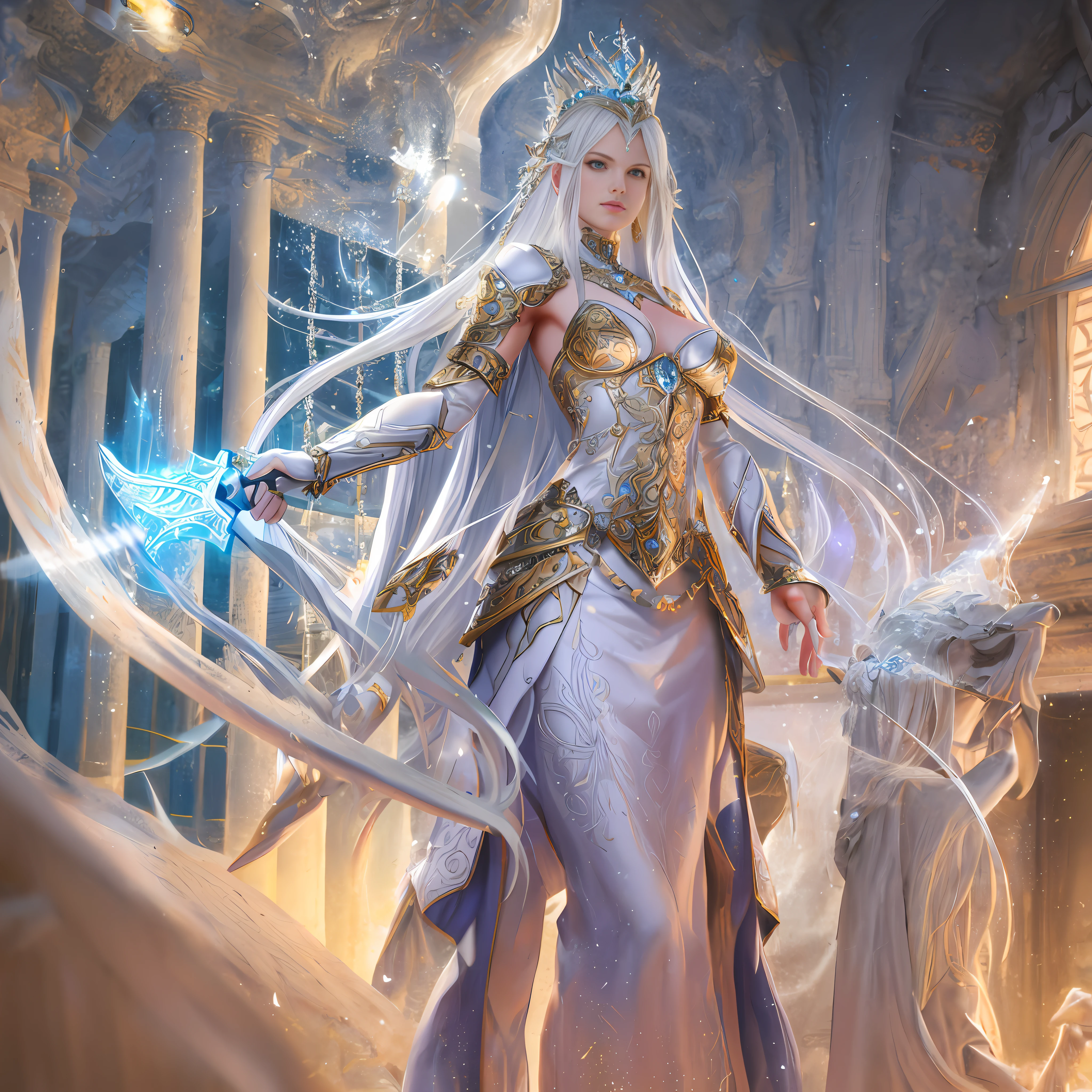 Arad woman in silver costume, holding a sword and crown, goddess. Extremely high detail, beautiful fantasy queen, ((beautiful fantasy queen)), white-haired goddess, extremely detailed goddess shot, beautiful and elegant elf queen, 2.5d CGI anime fantasy artwork, anime goddess, detailed fantasy art, fantasy woman, beautiful cyborg priestess