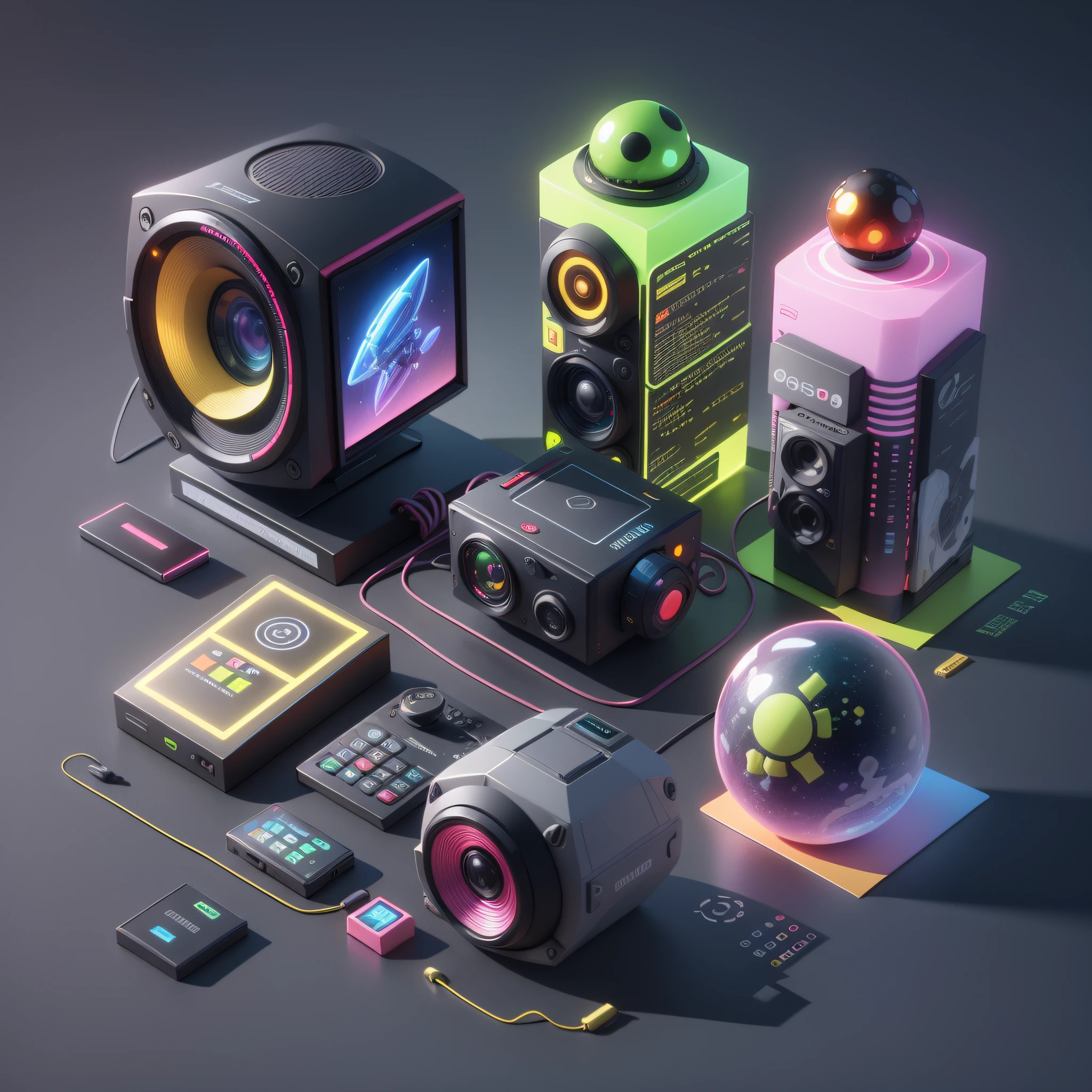 Tech products, isometric view, 3D icons, gradient glass, cartoon spaceship, multi-color color matching pictures are 3D modeling, Oc renderer, clear shadows, 4K, super detail