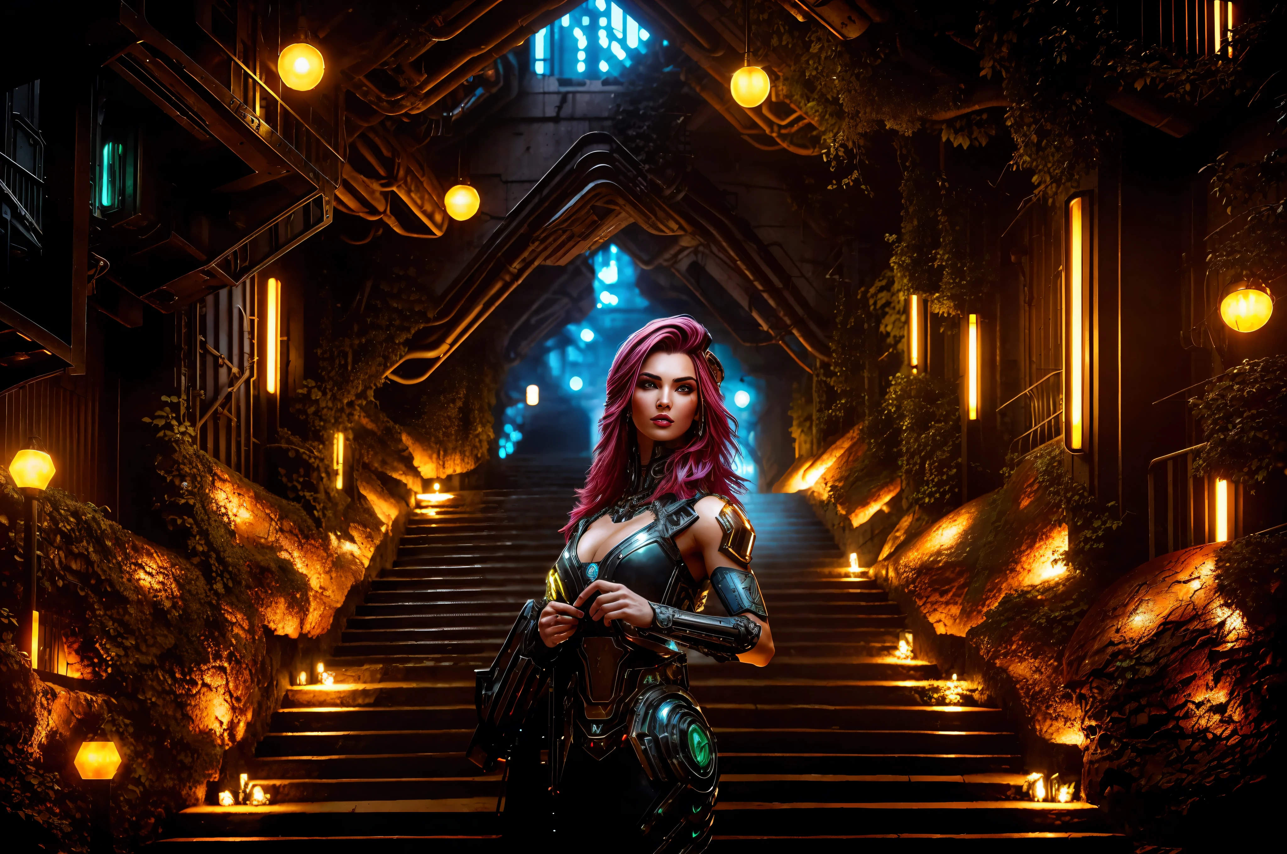 a beautiful cyborg warrior in the RustMagic style, cyberpunk augmentation, cyberware, cyborg, carbon fiber, chrome, implants, metal skull, smiling, cybernetic plate armor, (futuristic atmosphere: 1.2), (super futuristic buildings), (neon green light: 1.3 ), cyber punk, (medium length shaggy colored hair: 1.1), (shadow: 1.1), (beautifully detailed brightness: 1.2), (cinematic lighting), intricate details, highres, rounded eyes,  Detailed facial features, sharp focus, smooth, aesthetics, detailed dark industrial factory background, elegant pose, dynamic pose, (dramapaint), (opt-6000: 0.9)