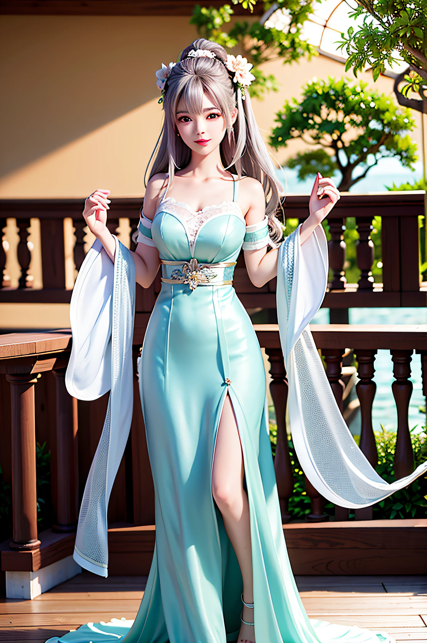 There is a girl in a green dress, plum blossoms, palaces, oriental architecture ray tracing, {best quality}, {{masterpiece}}, extremely detailed 8K wallpaper, {an extremely delicate and beautiful}, colorful, intricately detailed, Realistic, real, camera quality, (detailed depiction of clothes), cool white skin, (detailed depiction of blush), 1080p, sun, soft cuteness, smooth light silver hair, messy beauty, lighting, broken feeling, bright and silky skin , 3D stereoscopic, masterpiece, best quality, super fine illustration, beautiful eyes, very fine light, fine glow, very fine 8K CG wallpaper, peach eyes, red pupils, an extremely delicate and beautiful girl, 8k Wallpaper, best quality, full body close-up, white long dress, luxurious silky bright red chiffon floodlight (magic, glitter, ultra-thin, soft,) Hanfu