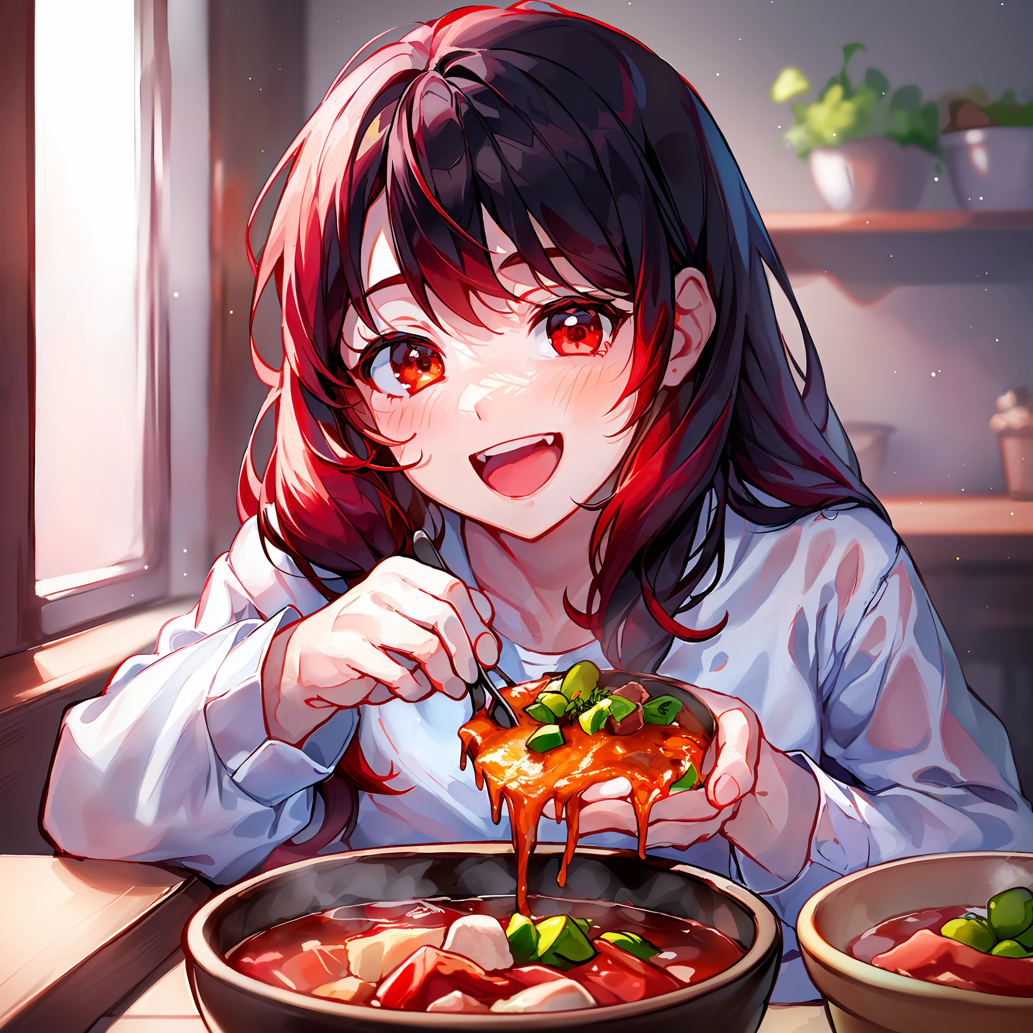 (beef soup, two-dimensional cuisine, delicious and unique, happy mood, 1 girl), (plain face, (black hair: 1.2 + red hair: 1.2), beautiful light and shadow, smooth and natural, beautiful, high image quality: 1.1)