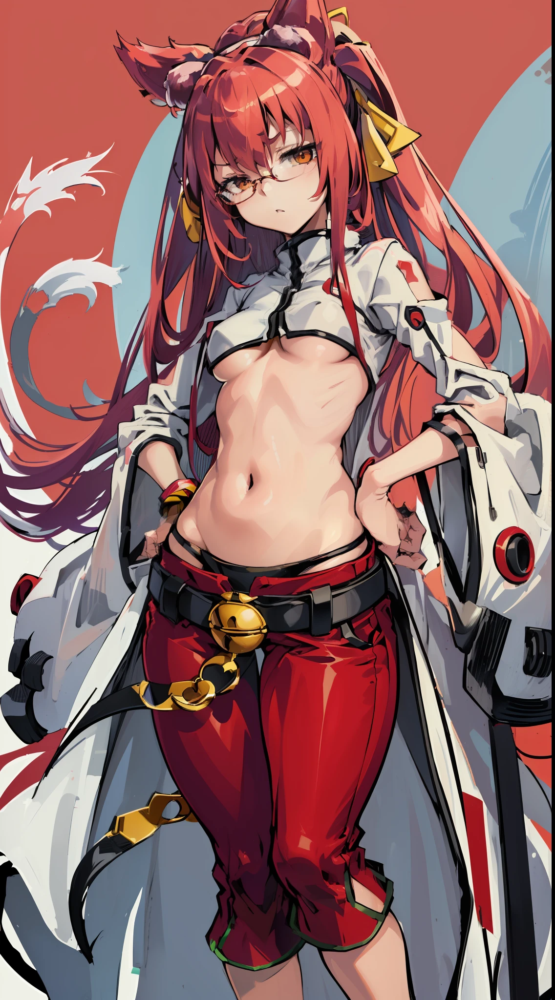 1girl, solo, (masterpiece, greatest artwork of all time, best 4k konachan wallpaper) (kokonoems, kokonoe mercury, kokonoe (blazblue)), (animal ears, cat ears, tail, tails, cat tail, multiple tails, multiple cat tails), pince-nez, navel, (belt, black belt, black belt with a cat bell in the middle), (pants, capri pants, low rise pants, low rise capri pants, red pants, red capri pants, red low rise pants, red low rise capri pants), thong, black thong (petite, small breasts, small boobs, loli), (child rearing hips, child-rearing hips, big hips, wide hips, wide-hipped, thicc thighs, thick thighs), small breasts with big hips, in front, hands on hips, glasses