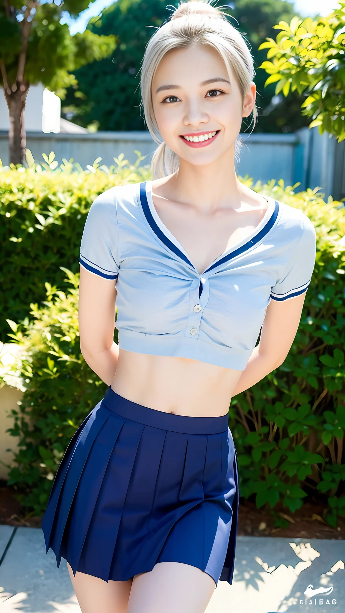 (Solo), 1 girl, Japan person, (), (grin: p,)), (uniform: 1.3), (dark blue skirt: 1.4), (with skirt: 1.3), (lip), (ponytail hair: 1.2), ((silver hair: 1.2)), (cute:1.2), (bokeh:1.3), (panties:1.3), 8K, best quality, masterpiece, ultra high resolution, high detail face, (fair skin), ( slender legs, (small waist:1.2), (chest tension:1.2),